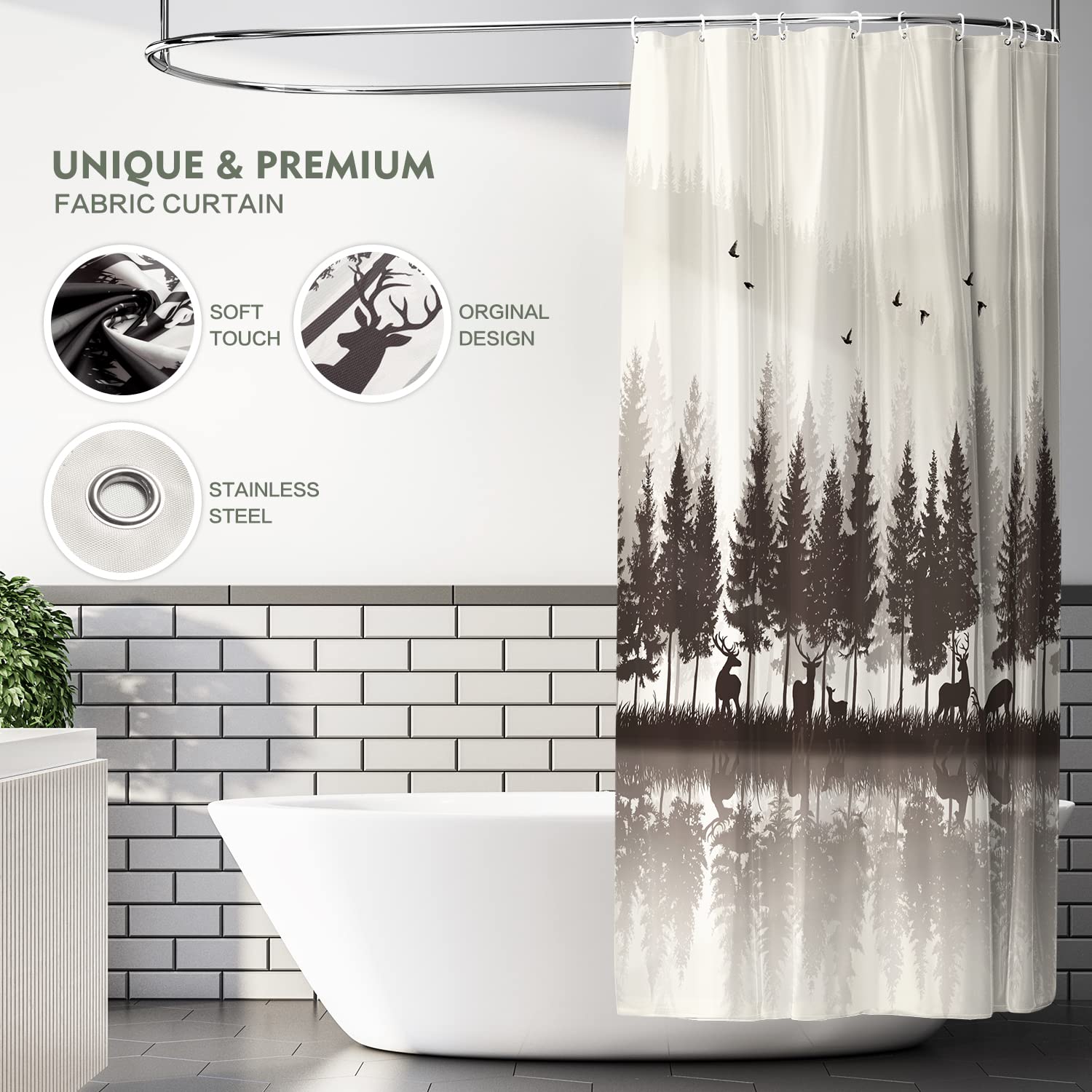 Brown Misty Forest Shower Curtain Waterproof Fabric Deer Shower Curtain Nature Mountain Shower Curtains For Bathroom Woodland Ru