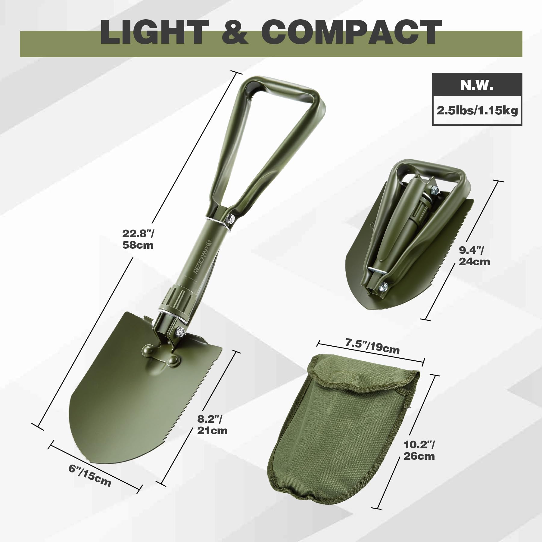 Redcamp 23 Military Folding Camping Shovel W/Cover,Portable Shovel With High Manganese Steel, Tactical Entrenching Tool Tri-Fo