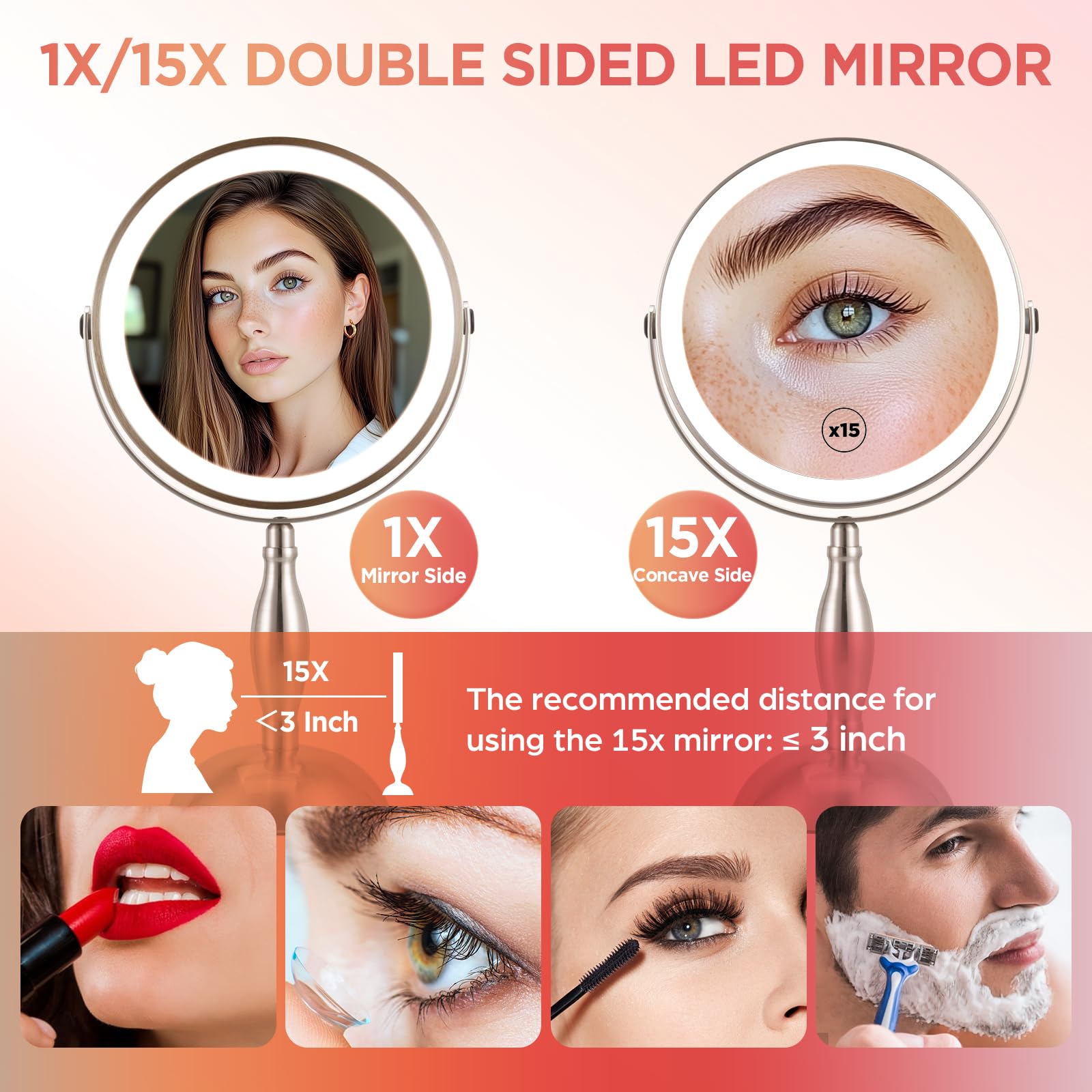 Lights Makeup Mirror, 1X/15X Nickel Magnifying Mirror With 3 Colors, 360Rotation Touch Screen & Rechargeable Double Sided, Brigh