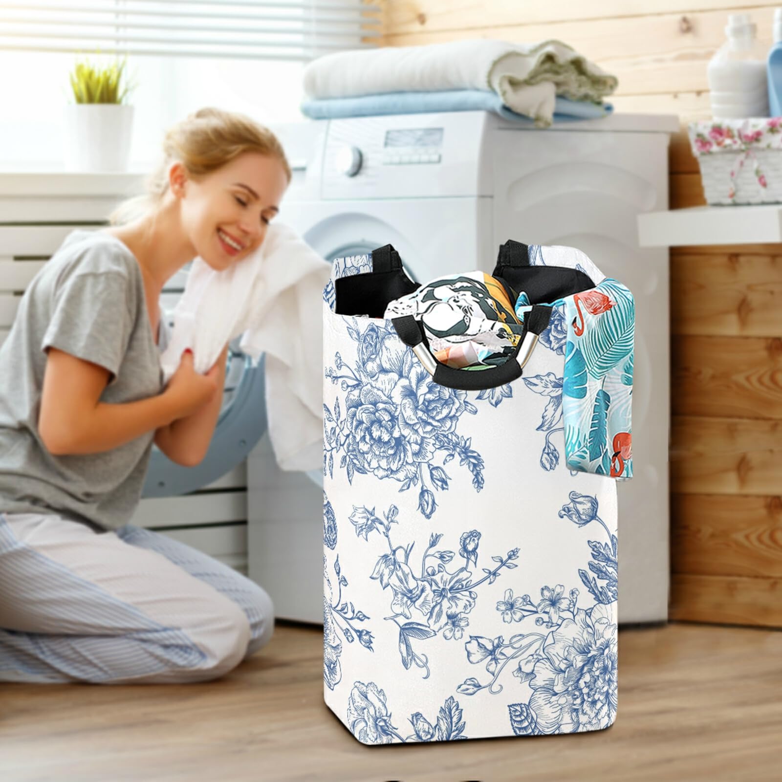 AGONA Blue Flowers Laundry Basket with Handles Large Storage Bin Collapsible Fabric Laundry Hamper Foldable Laundry Bag for Dirt