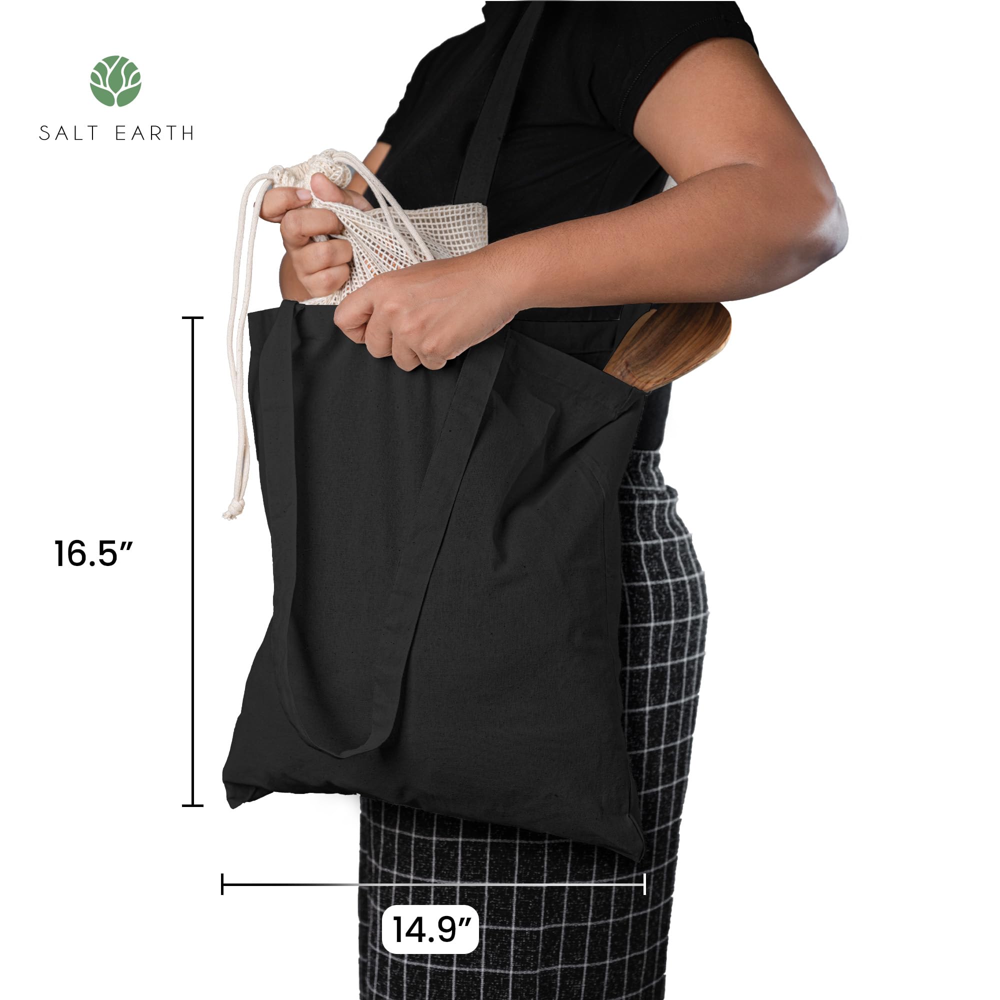 Salt Earth Pack of 5 | 6 | 12 | 24 | 48 - 100% Cotton Reusable Tote Bags - Bulk Grocery, Shopping, DIY, Beach & Gift Use (Black)