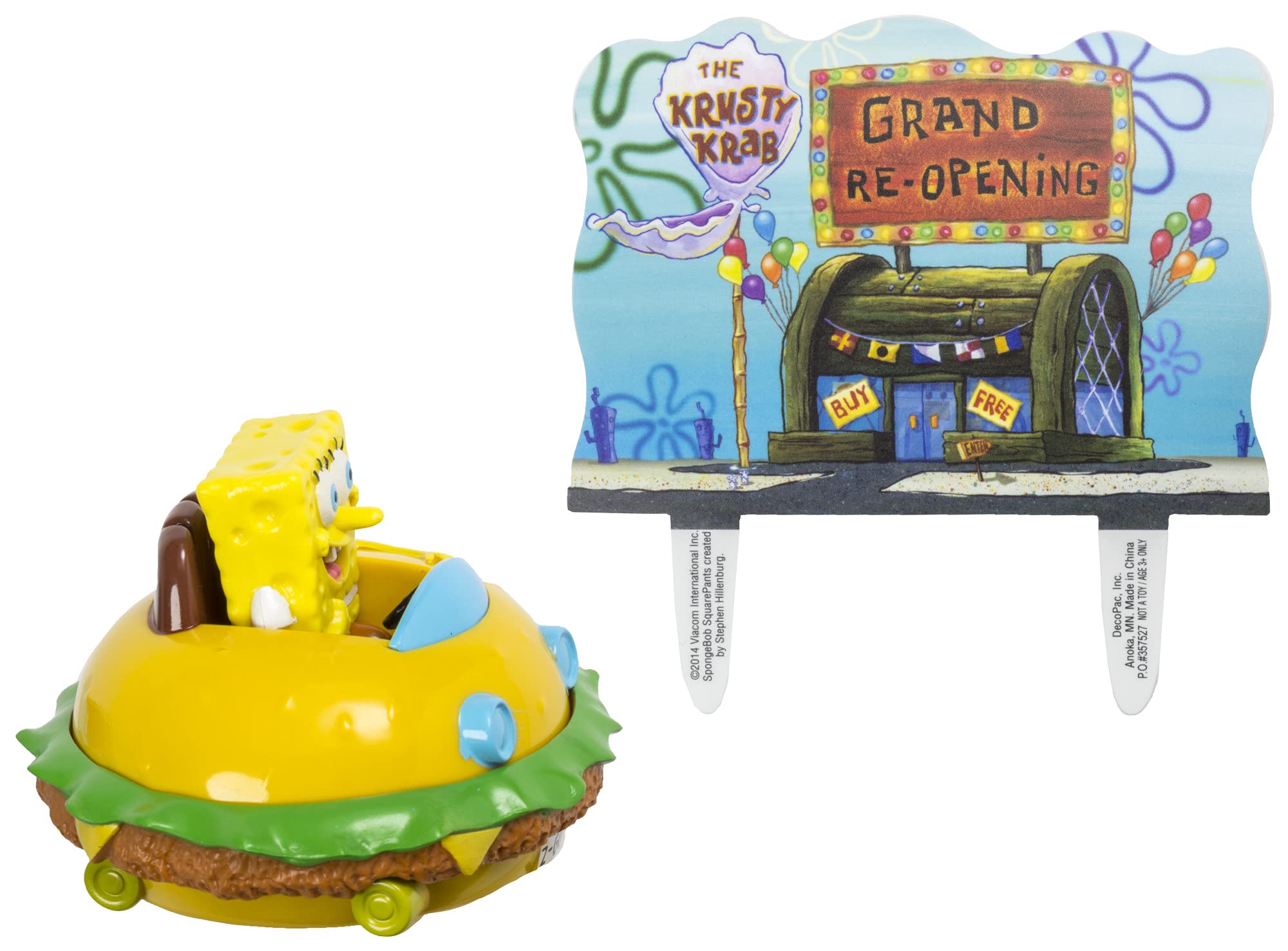 Decoseta Spongebob Square Pants Krabby Patty Cake Topper, 2-Piece Birthday Party Set With Rolling Car Figure For Fun After The P
