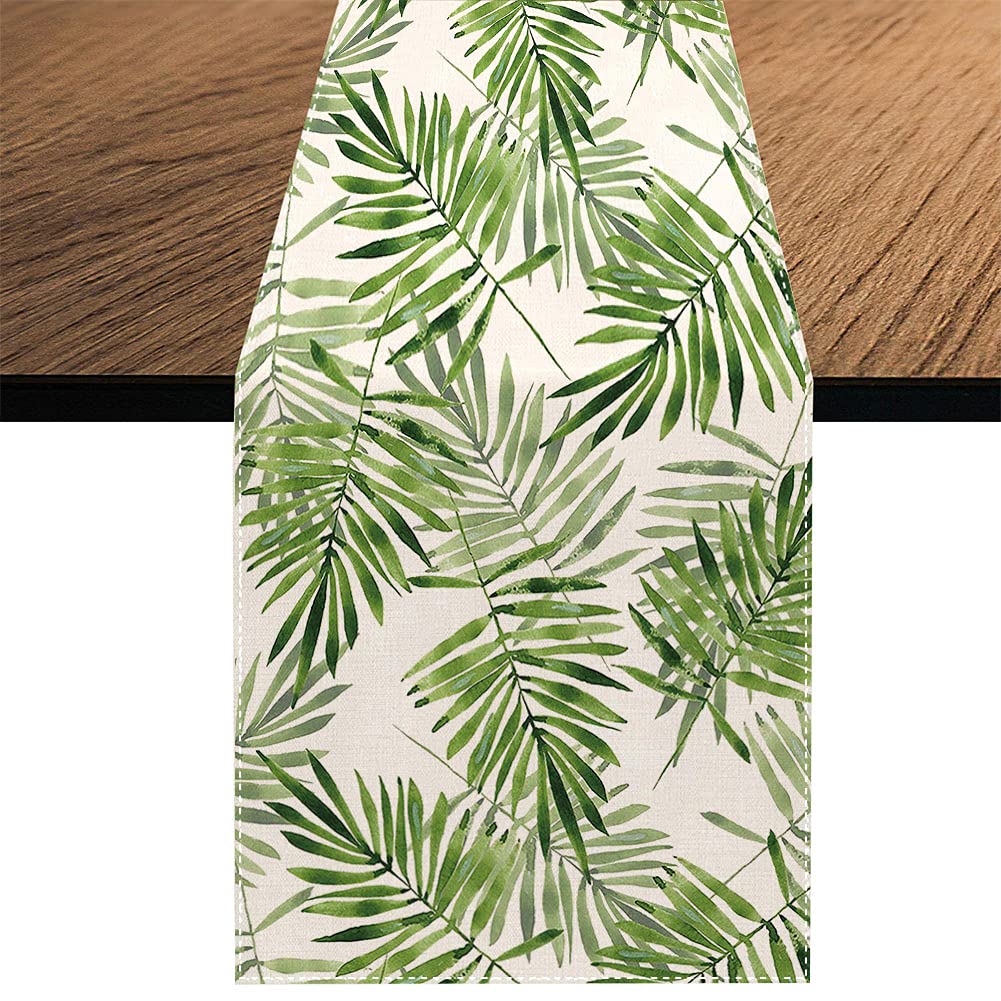 Watercolor Leaves Table Runner, Seasonal Summer Green Plants Holiday Kitchen Dining Table Decoration For Home Party Decor 13 X 7