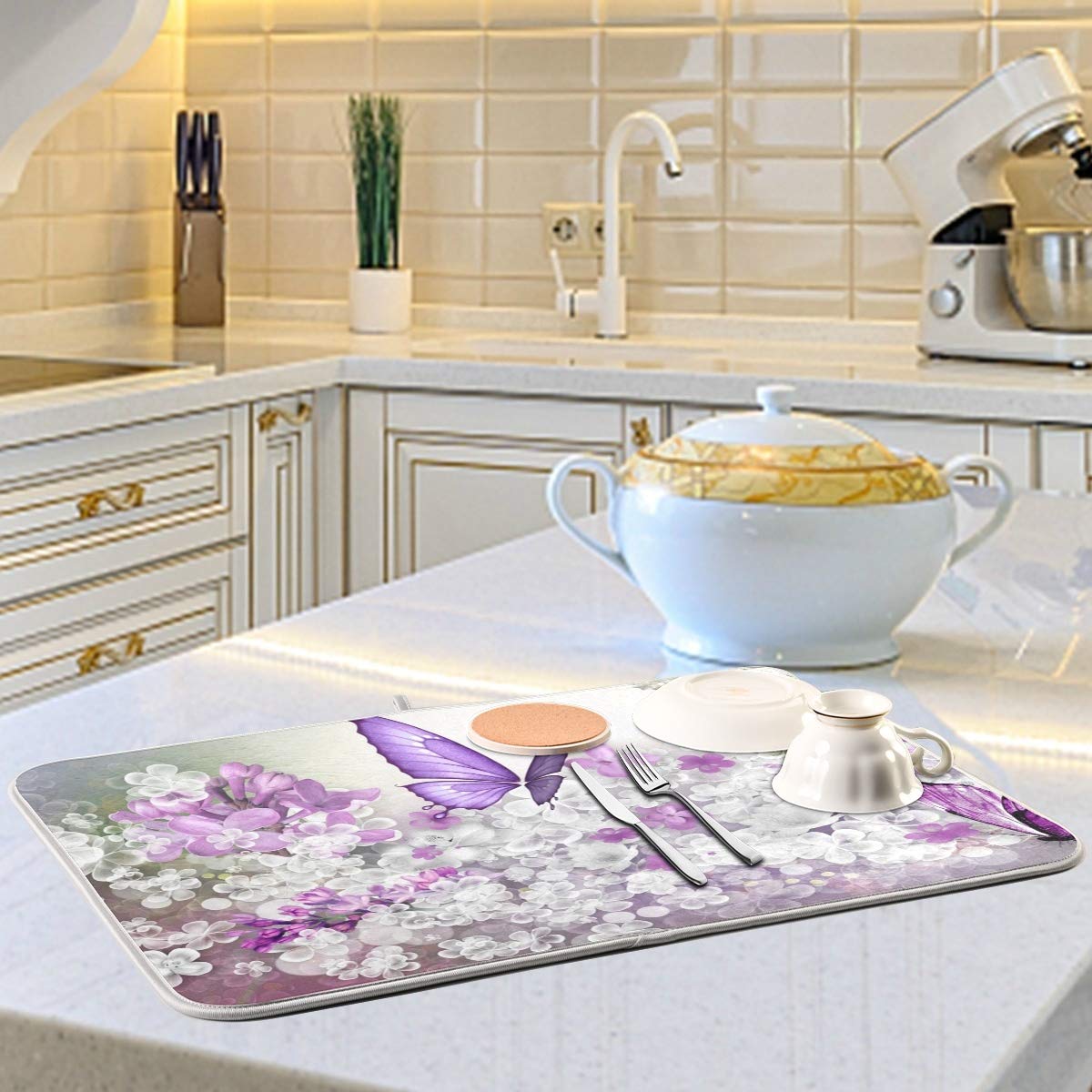Butterflies Flowers Purple Dish Drying Mat For Kitchen, Absorbent Microfiber Drying Pad Dish Mat, 16'' X 18''
