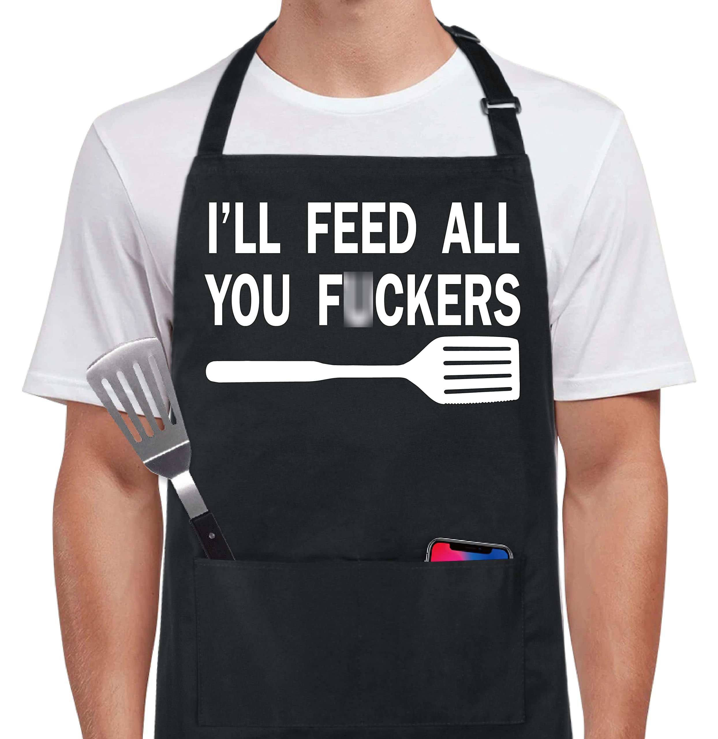 Xornis 100% Cotton Funny Apron I'Ll Feed All You With 2 Pockets Kitchen Cooking Adjustable Chef Aprons Gifts For Men Women Frien