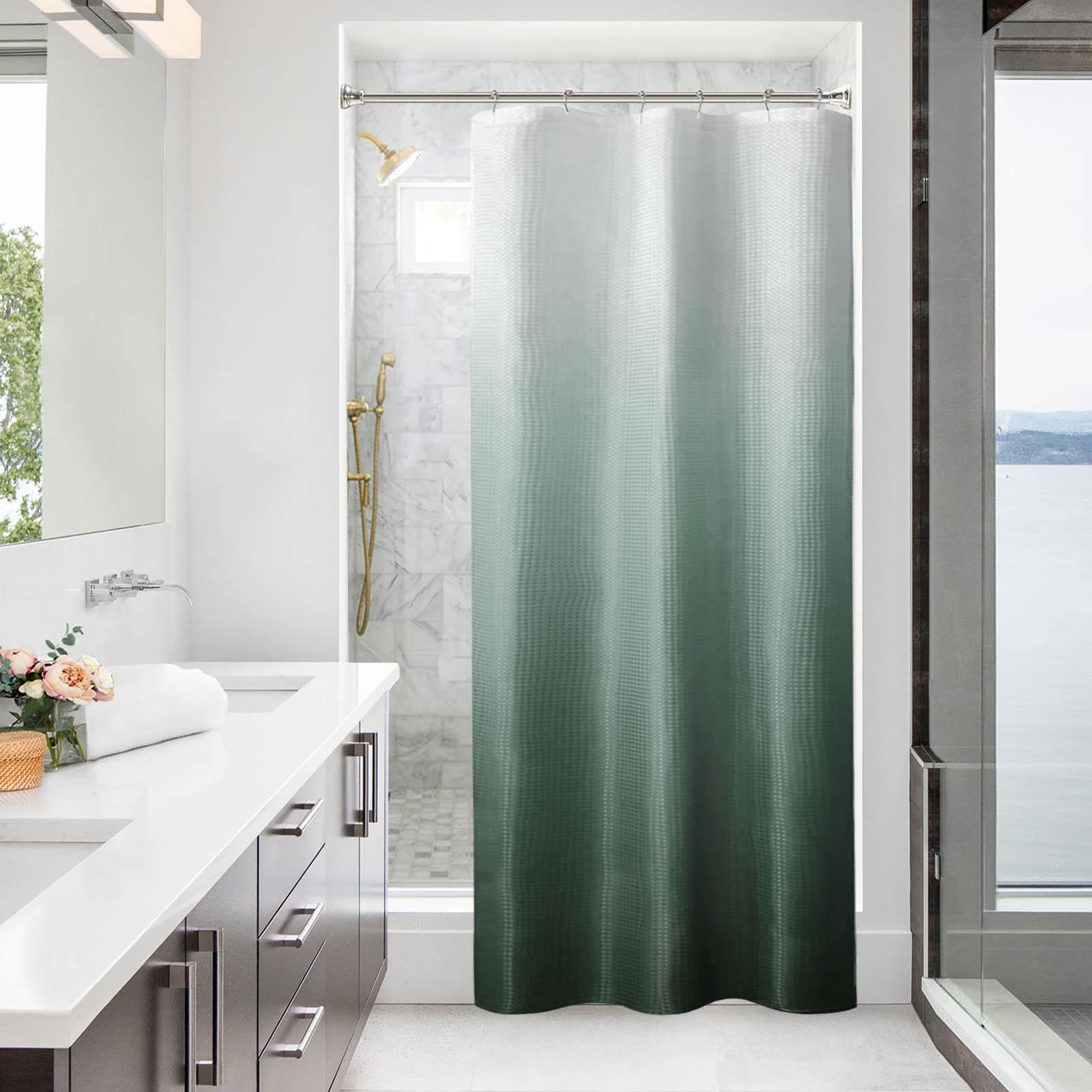 Bbiggood 36 X 72 Small Stall Shower Curtain, Dark Green Ombre Narrow Shower Curtain For Bathroom, 36 Inch Waffle Weave Fabric Sh
