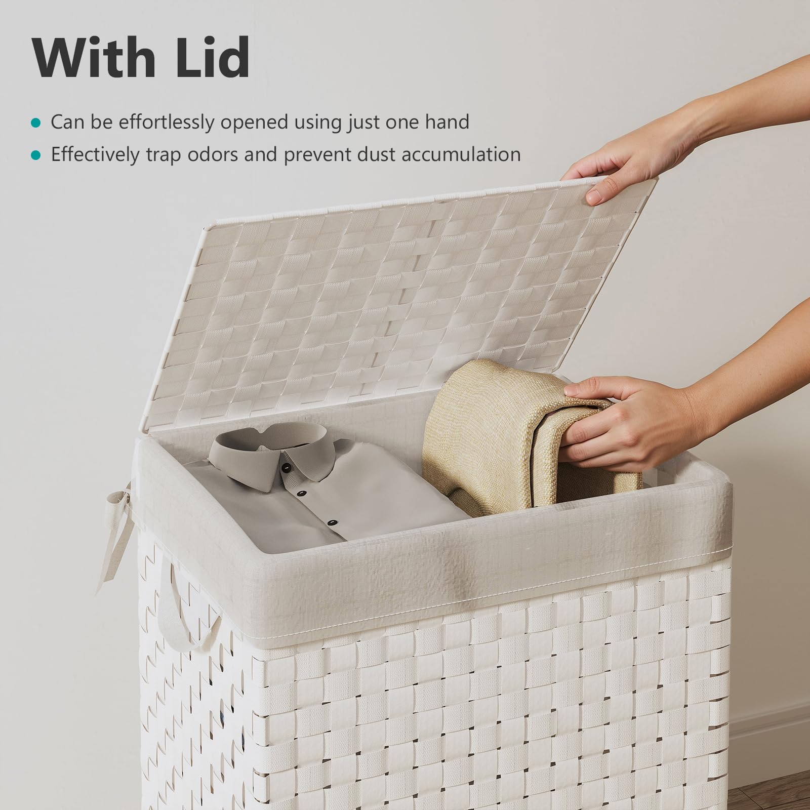 Fiona's magic Laundry Hamper Basket with Lid  Handwoven 90L Large Clothes Hamper with Removable Liner Bags  Collapsible White Tall Hamper for Bathroom  Bedroom and Dorm Room Organizer