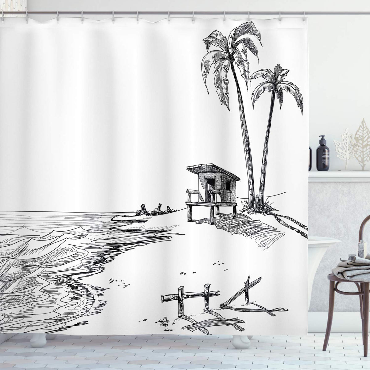 Ambesonne Sketchy Shower Curtain, Sketch Of Summer Beach With Palm Trees And Lifeguard Stand Seascape Concept, Cloth Fabric Bath