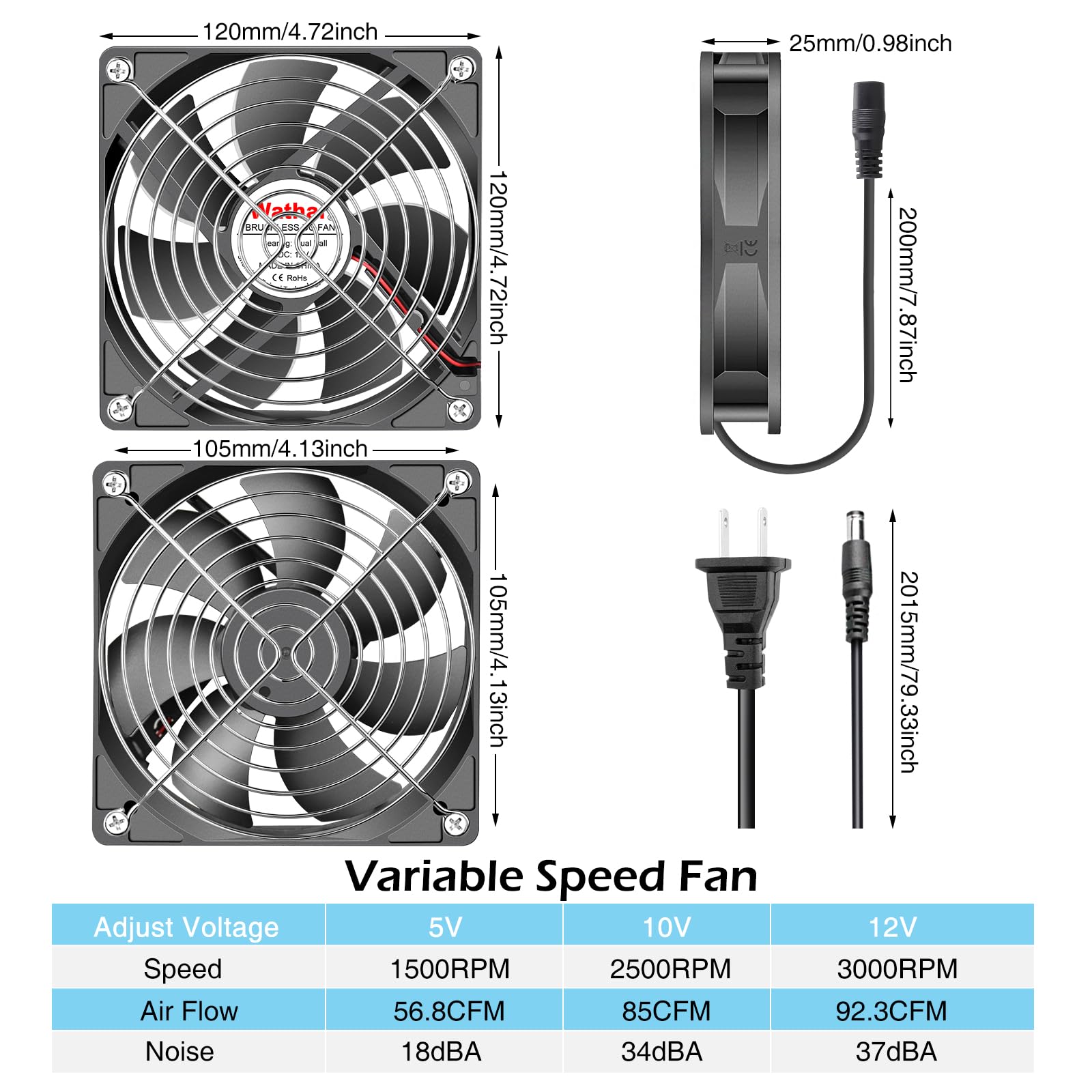 Wathai 120mm Muffin Fan Dual Ball with AC 110v - 240V Speed Control High Performance for Doorways, Wood Stoves, Fireplaces 2 Pac