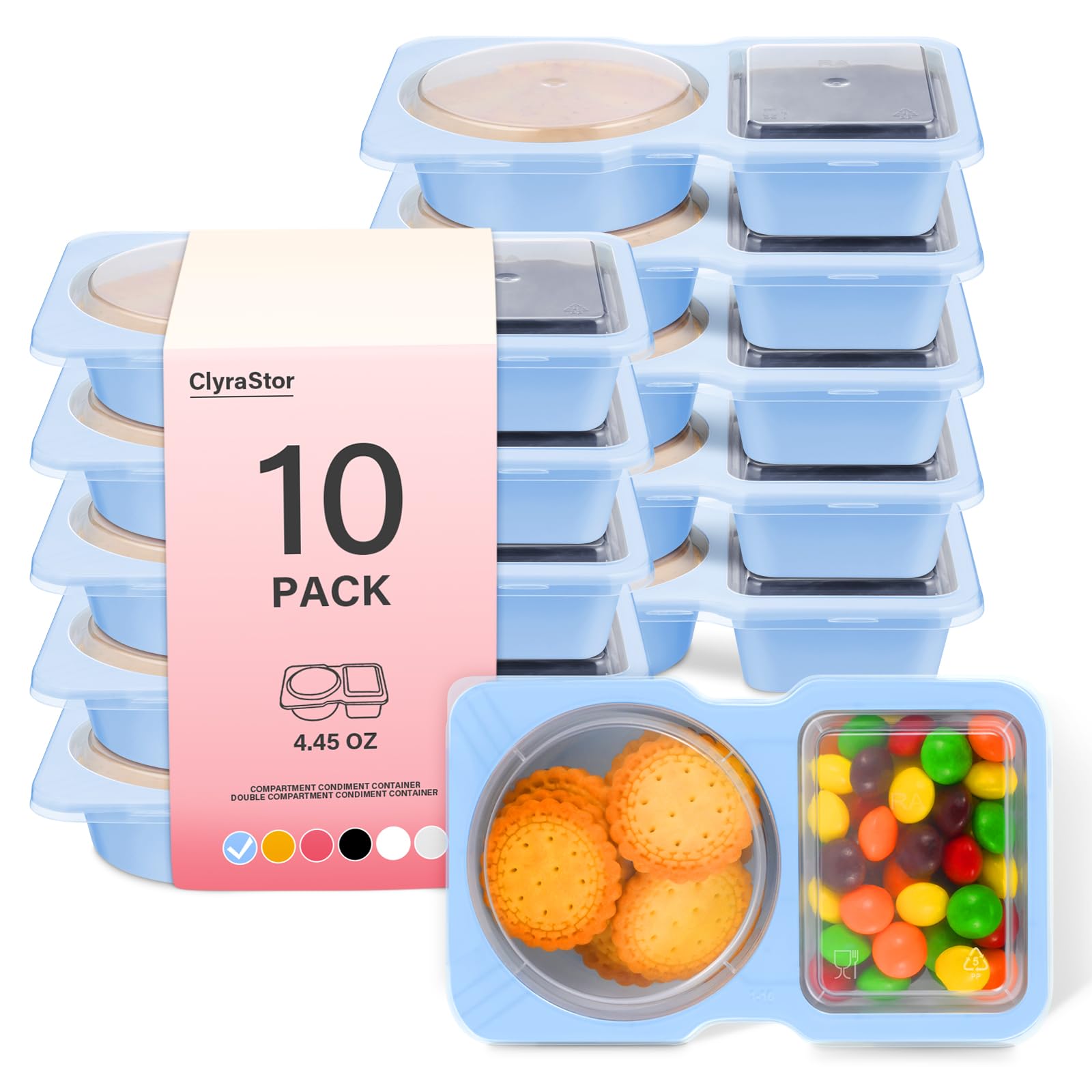 ClyraStor Double Compartment Snack Containers with Lids, 2 Compartment Condiment Container, Plastic Disposable Snack Pack Contai