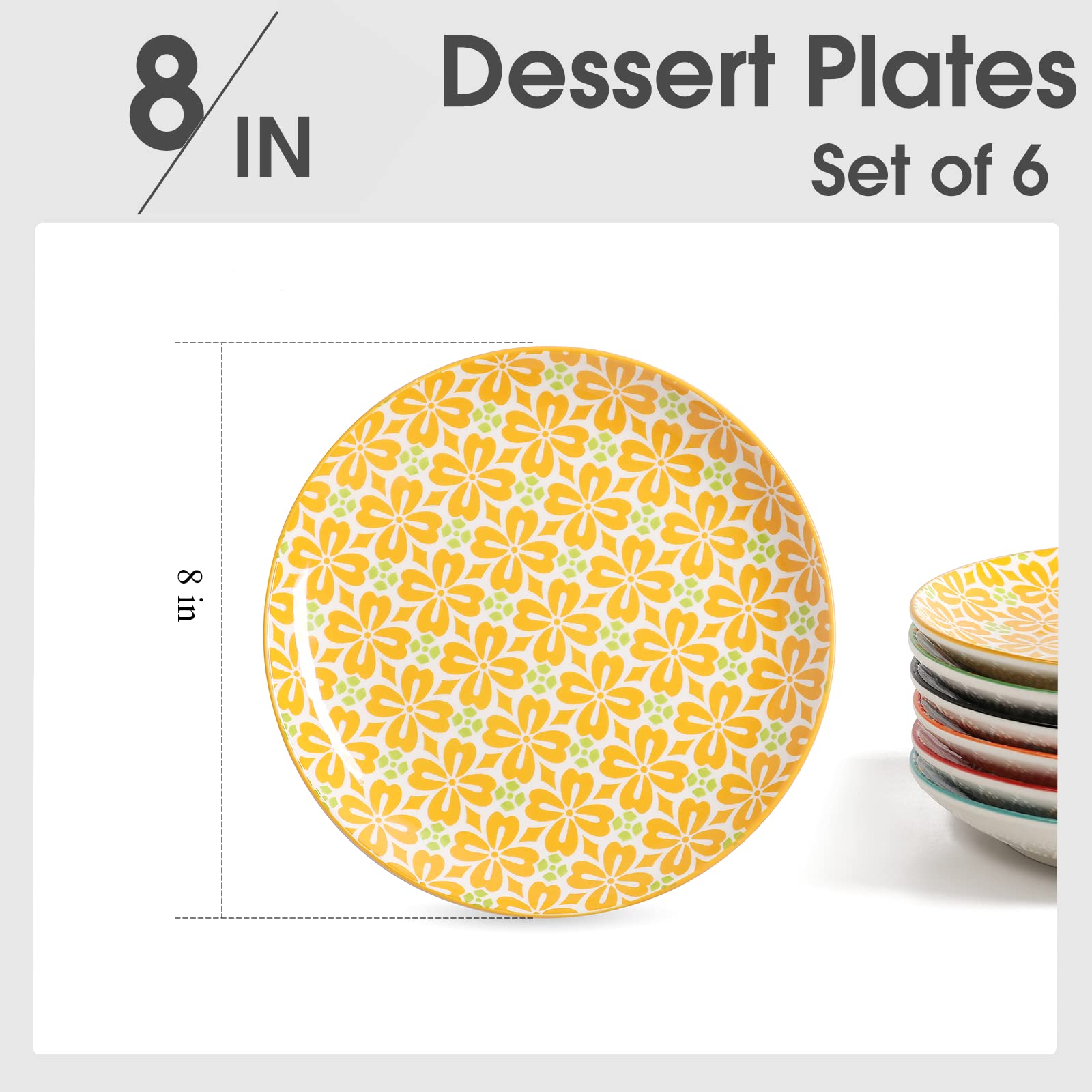 Metahom Salad Plates, Dessert Plates 8 Inch, Colorful Ceramic Plate Set For Pasta, Pancakes, Steak, Set Of 6, Dishwasher & Micro