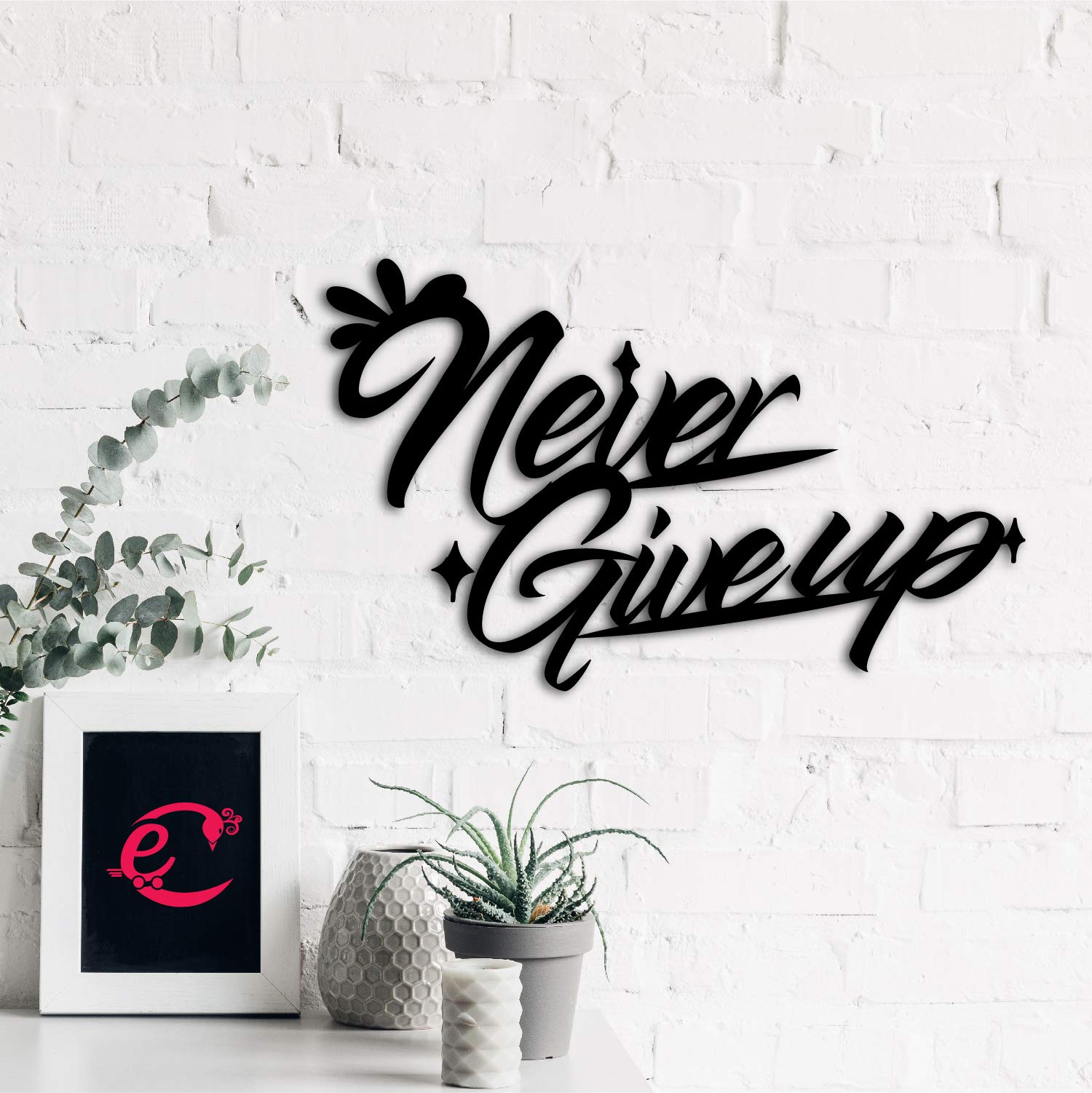 Ecraftindia Never Give Up Motivational Quote Black Engineered Wood Cutout Wall Art Decor - Inspirational, Encouraging Wall Hangi