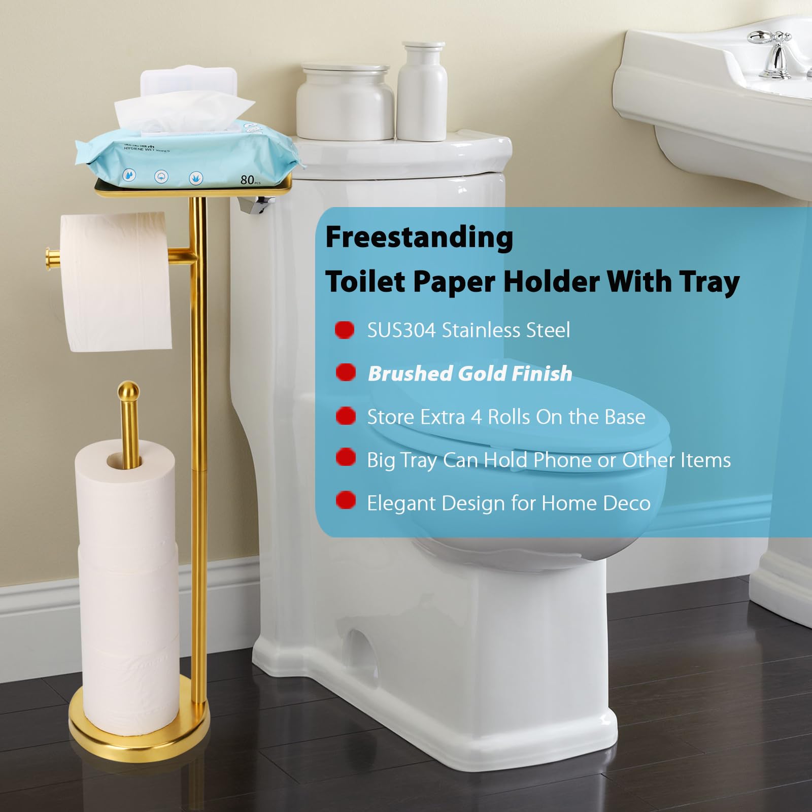 Noonext Gold Toilet Paper Holder Stand, Freestanding Toilet Paper Stand With Tray For Small Items, Toilet Paper Holder With Shel