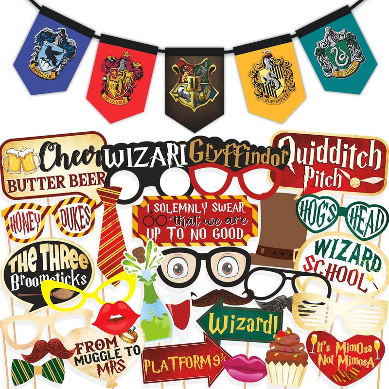 WOBBOX Happy Birthday Red Color Harry Potter Theme Photo Booth Props with Multi Colour Flags Bunting Banner
