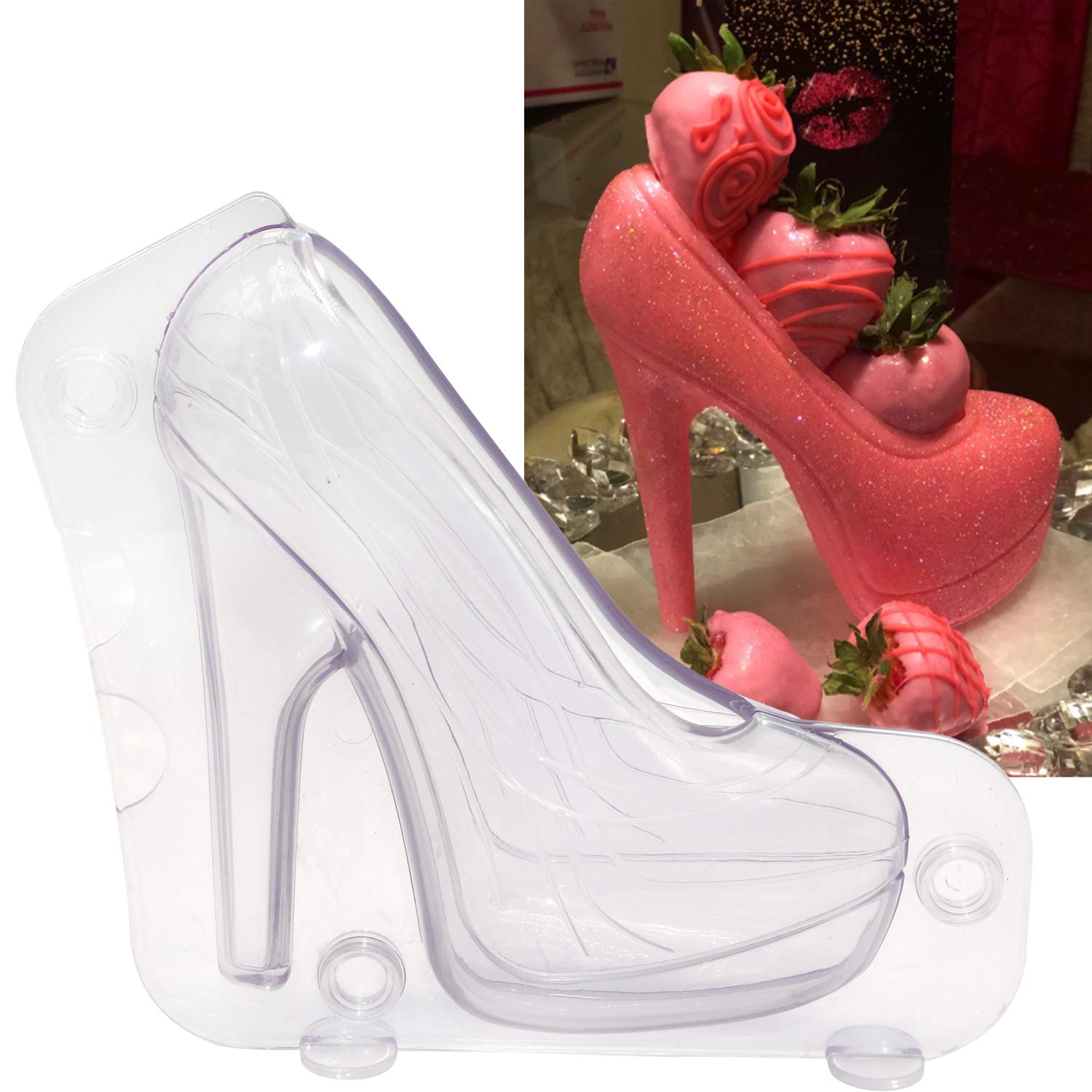 Big Size 3D High Heel Shoe Chocolate Mold, 7.5'' X 7'' X 2.7'' Crystal Jelly Lady Shoes Mould With 3 Clips Candy Cake Decoration