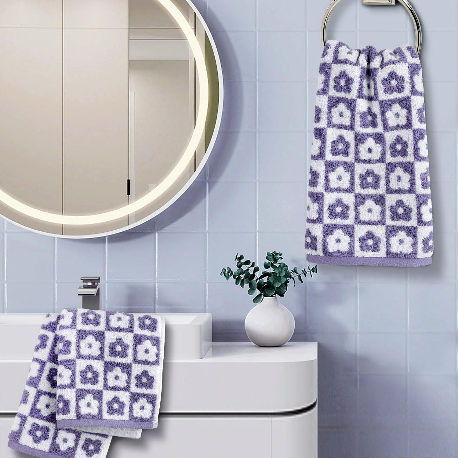 Jacquotha Cotton Hand Towel Set Of 4 - Checkered Floral Bathroom Hand Towels For Everyday Use Valentines Gifts For Her Wife Mom