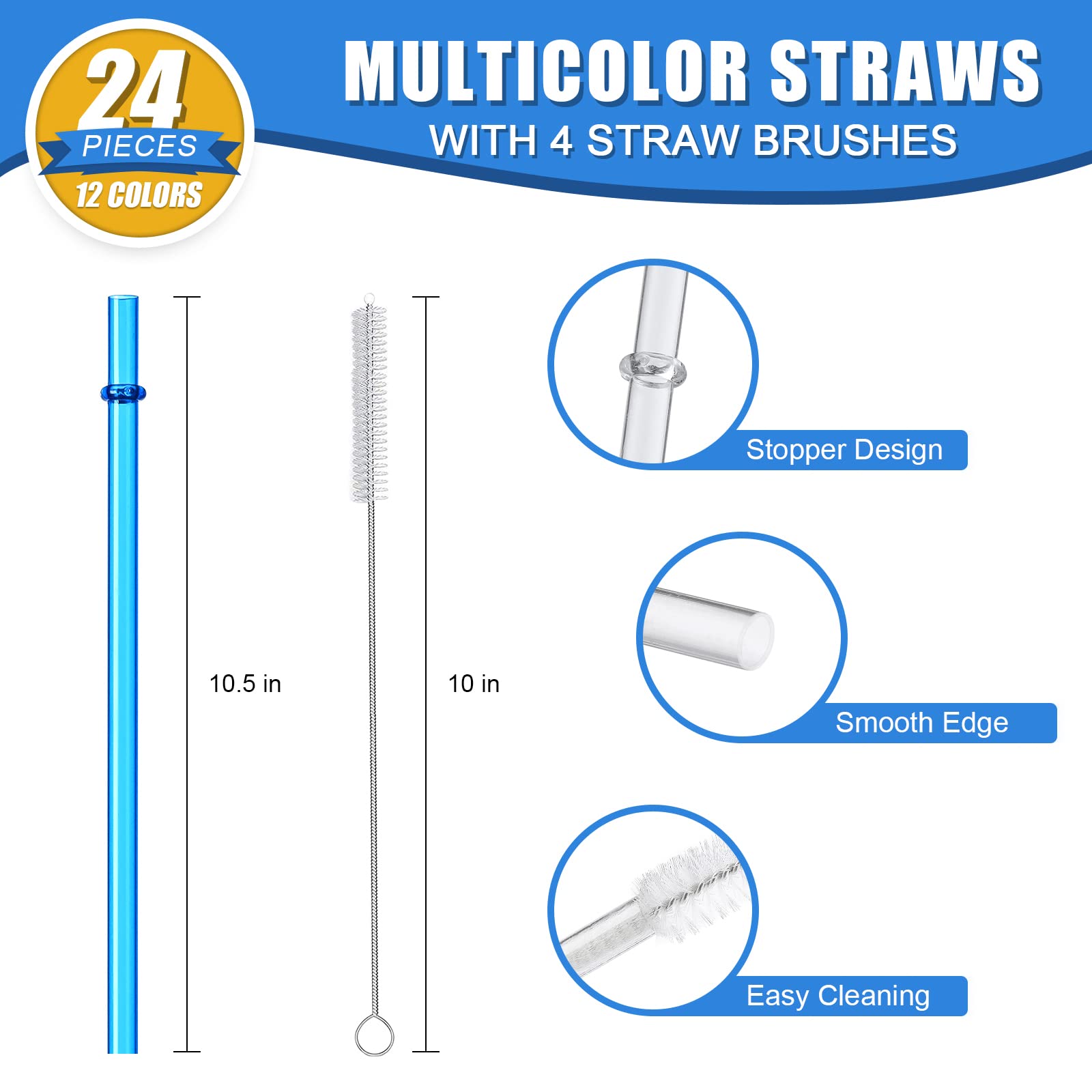 24 Pcs, Reusable Straws With 4 Brushes, 10.5'' Long Tritan Hard Plastic Straws, 12 Colors Translucent Replacement Drinking For 1
