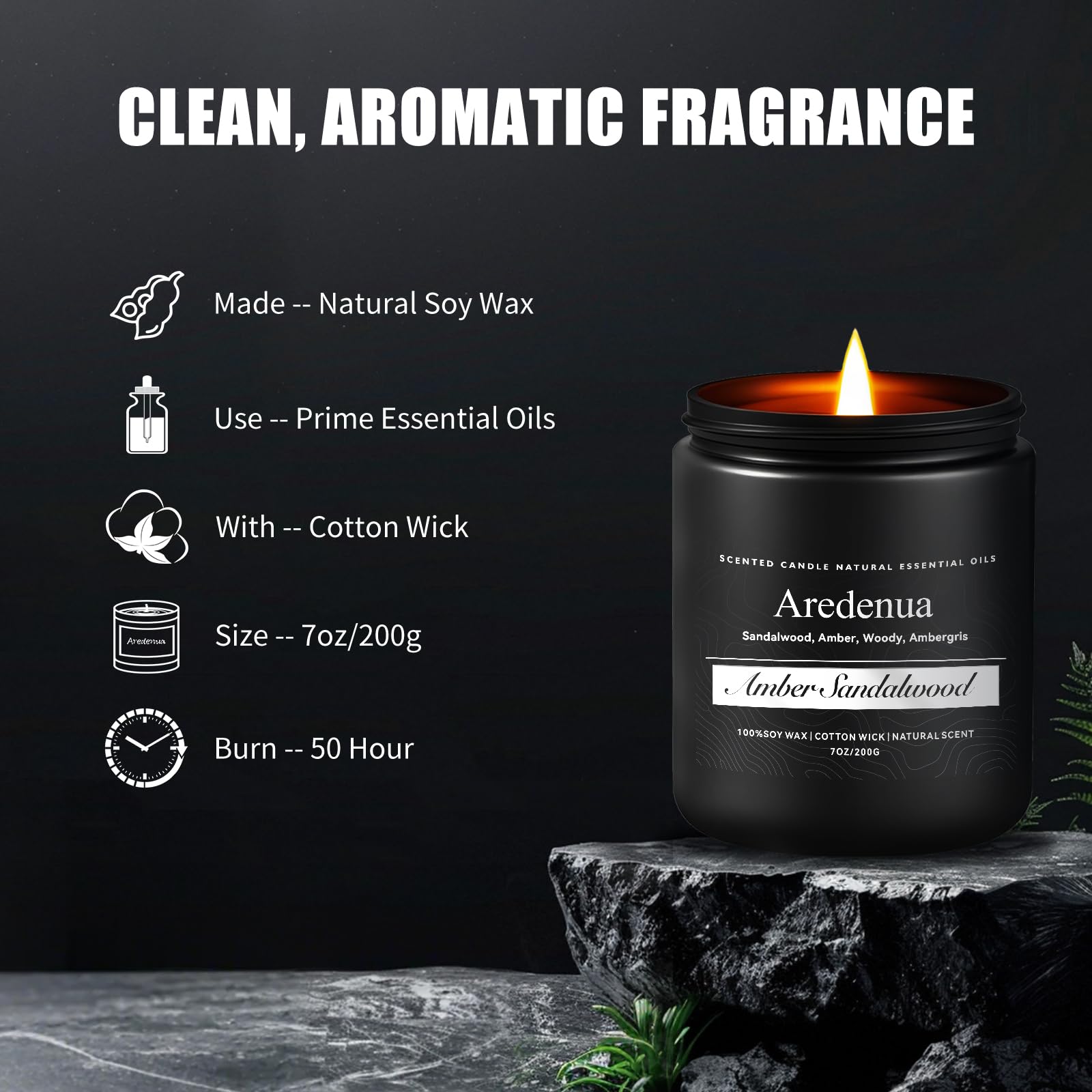 Amber Sandalwood Candle | Masculine Candles, Manly Scented Candles - 7oz Soy Candles for Relaxation & Home, Long Lasting Clean B