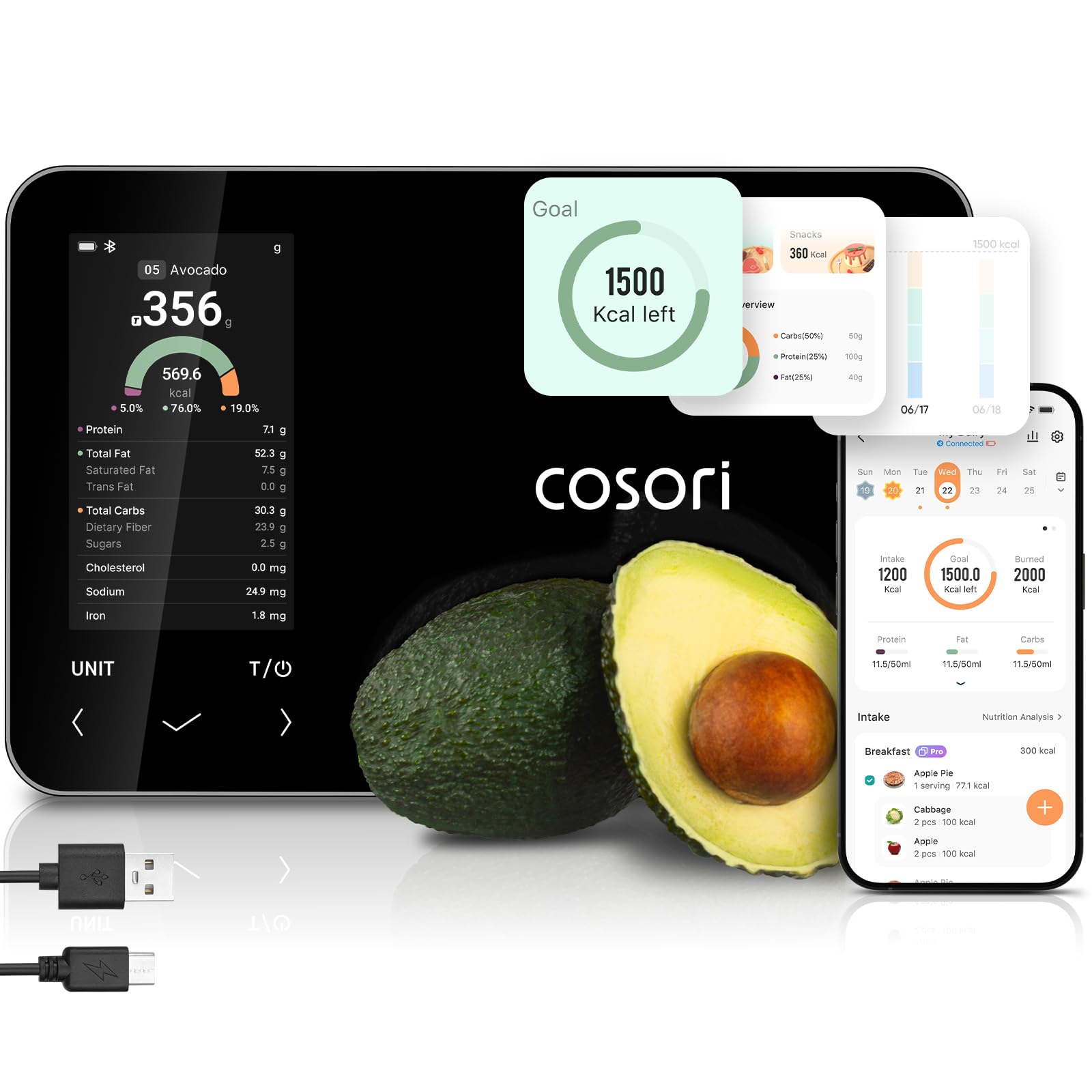 Cosori Smart Food Kitchen Scale with Nutritional Calculator, Free App for AI Scan, Calorie & Macro Tracking, Food Preload, On-Sc