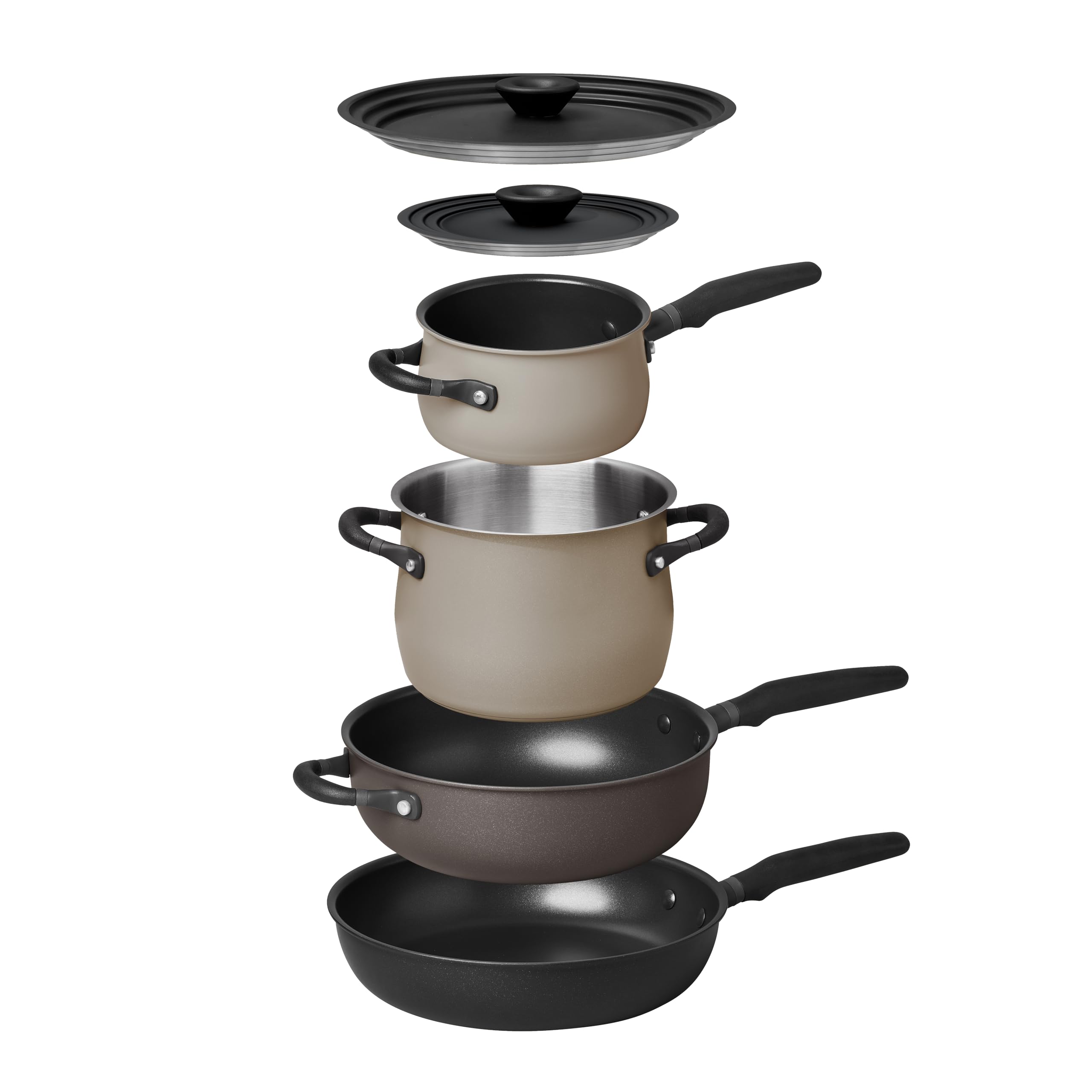 Meyer 6pc Stackable Set with Universal Lids | Hard Anodized Non Stick and Stainless Steel Pots and Pans | Induction Compatible |