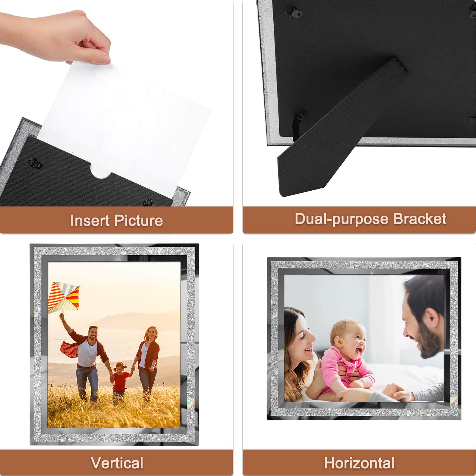 IZIDDO 8x10 Picture Frames Set of 4, Glitter Photo Frame for Tabletop, Sliver Gifts Glass Picture Frame, Horizontally or Vertica