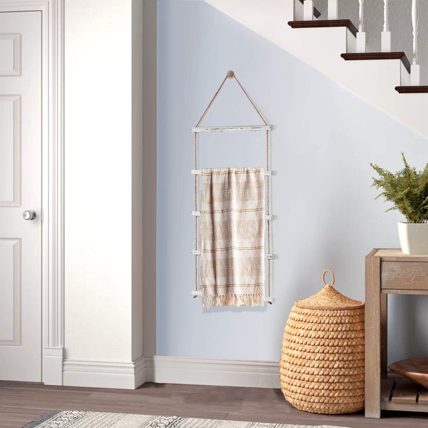 Docmon Towel Rack For Bathroom- 3.3-Foot Wall Hanging Whitewashed Wood & Rope Blanket Ladder With 5 Rungs For Farmhouse Room Dec