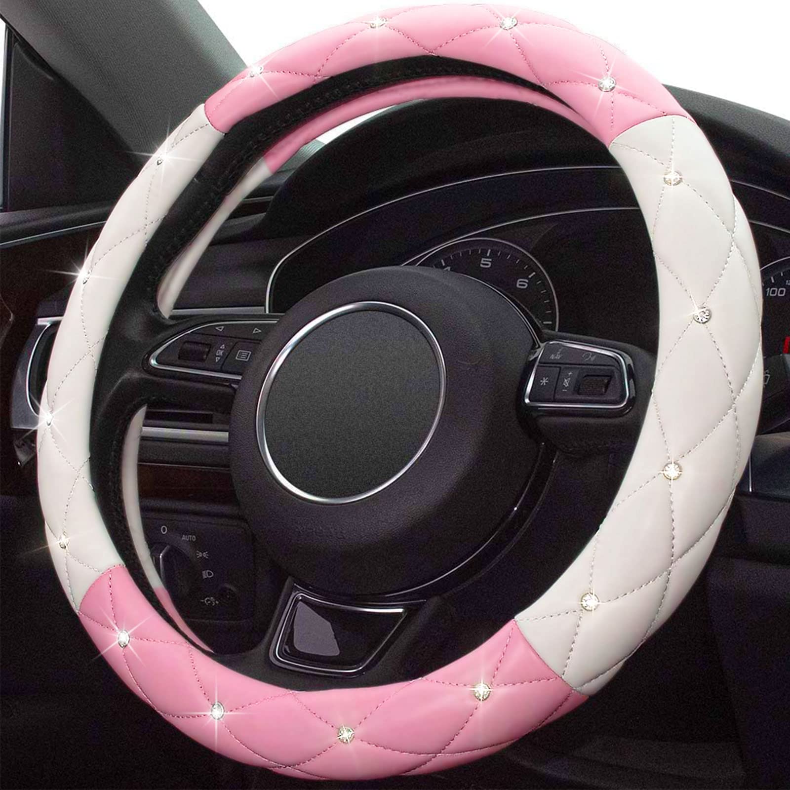 Xizopucy White Pink Steering Wheel Cover, Anti-Slip Steering Wheel Protector With Crystal Rhinestones Microfiber Leather, Steeri