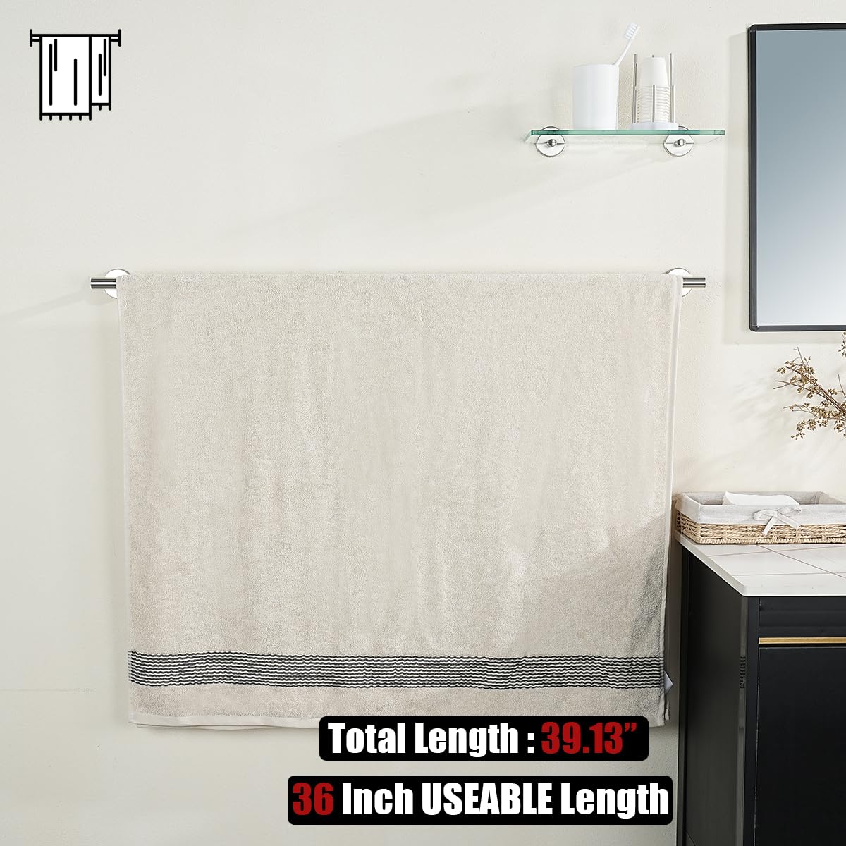 JQK Bath Towel Bar  36 Inch 304 Stainless Steel Thicken 1mm Single Towel Rack for Bathroom  Towel Holder (Brushed Finished) Wall Mount  39 in Total Length  TB110L36-BN