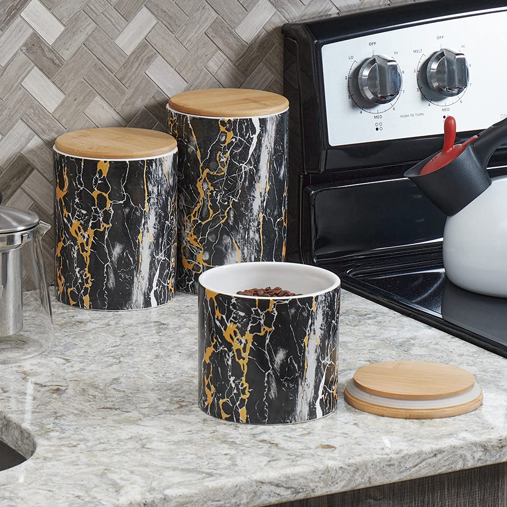 Home Basics Marble Like Small Ceramic Canister With Bamboo Top, Black