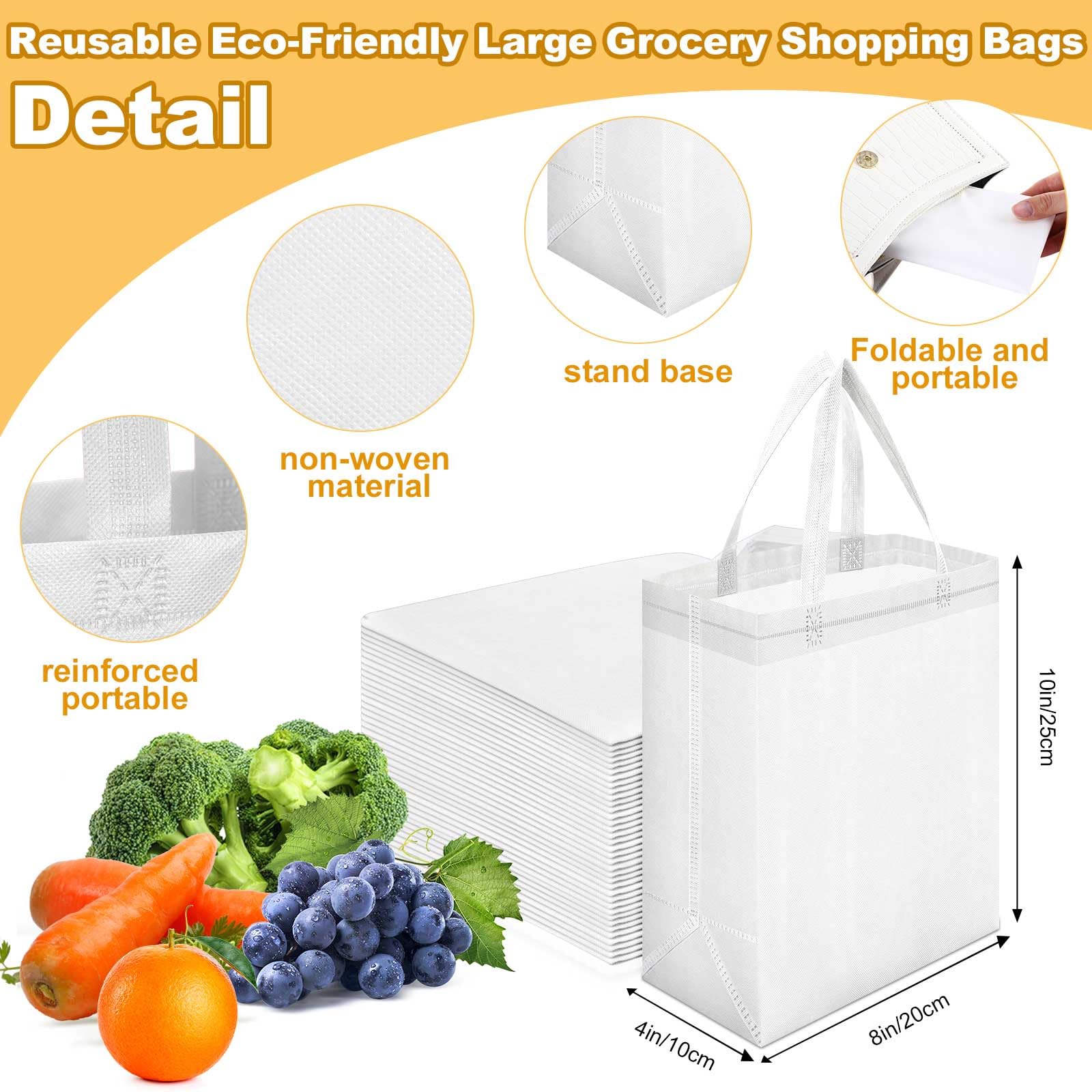 Windyun 50 Pcs Reusable Tote Bag Bulk 8 x 4 x 10 Inch Non Woven Shopping Bag with Handle Christmas Reusable Grocery Gift Tote(Wh