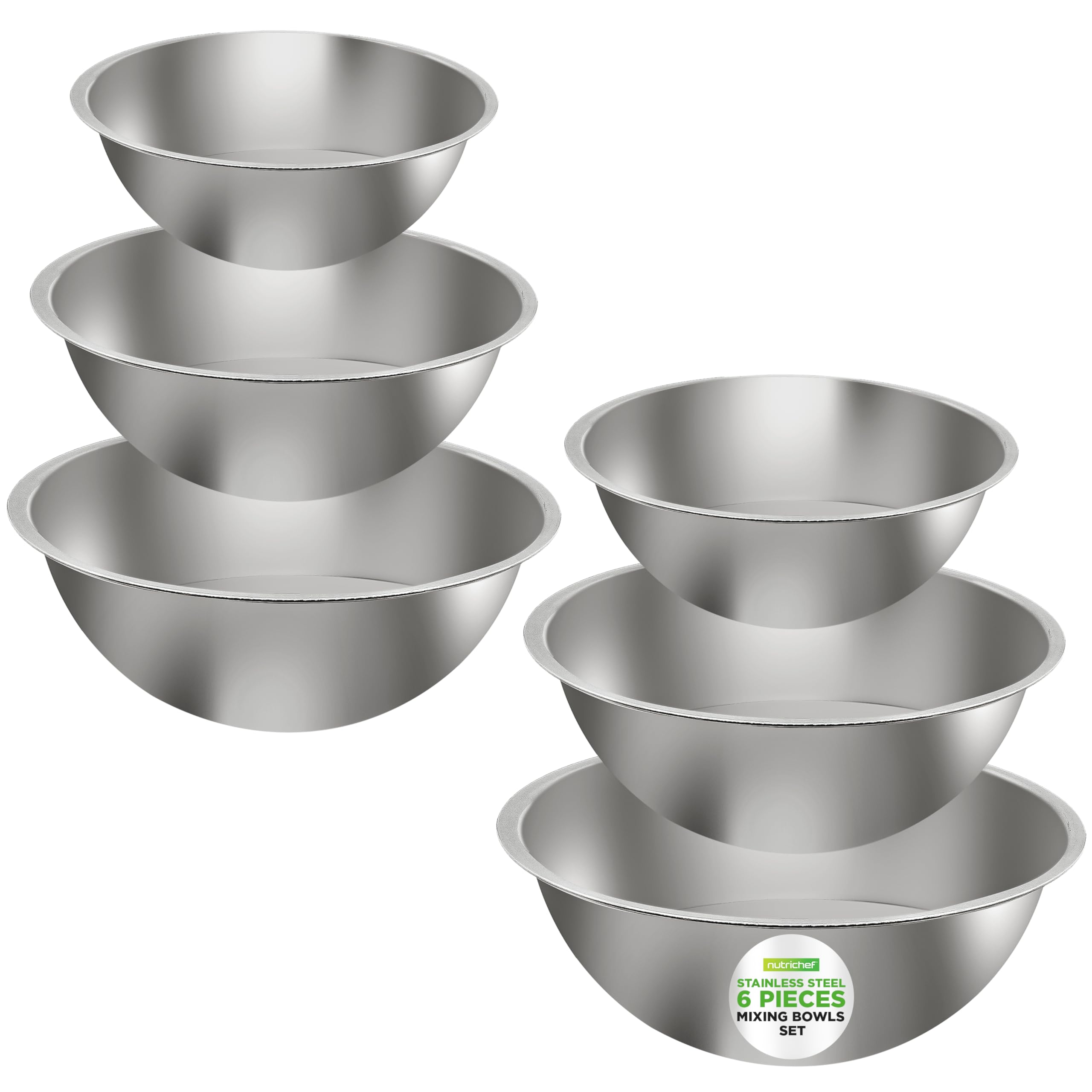 Nutrichef 6-Piece Stainless Steel Mixing Bowls - Premium Stackable Nesting Bowls - Kitchen Essentials For Food Prep, Marinating,