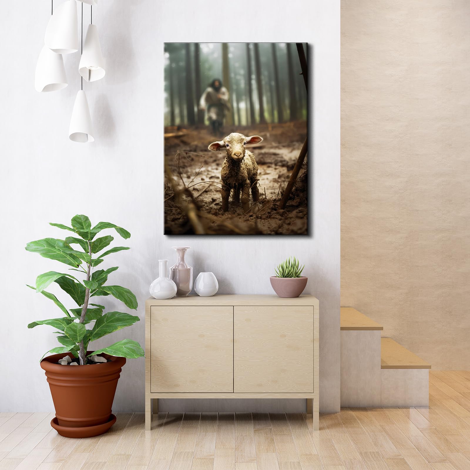 Yonica Christian Wall Art Jesus Chasing Lost Lamb Canvas Print Inspirational Wall Decor 18X24 Inch Home Decor