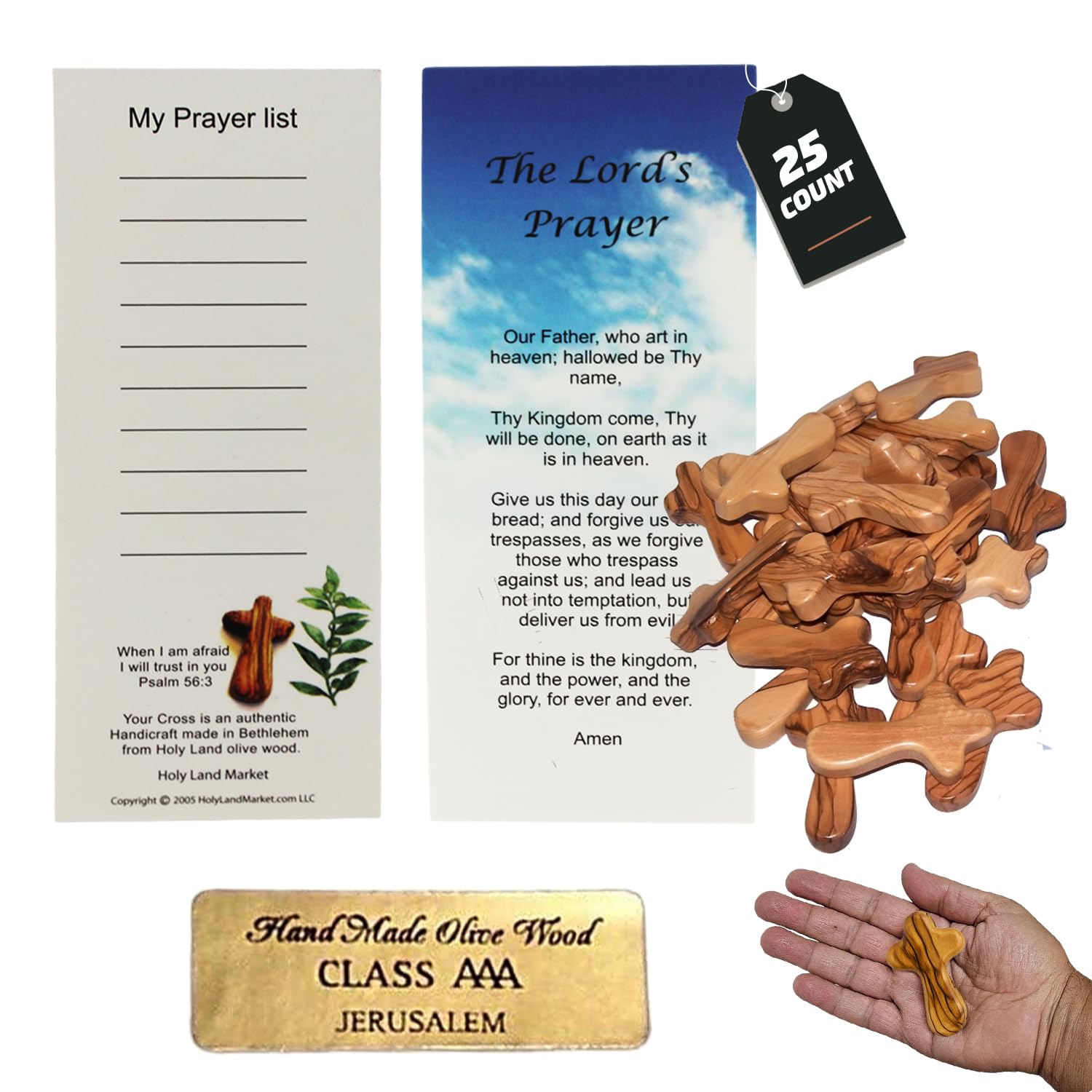 Holy Land Market Olive Wood Crosses - 25 Small 2.5 Pocket Palm Crucifix | Handmade Jerusalem Crosses with Certificates & Lord Pr