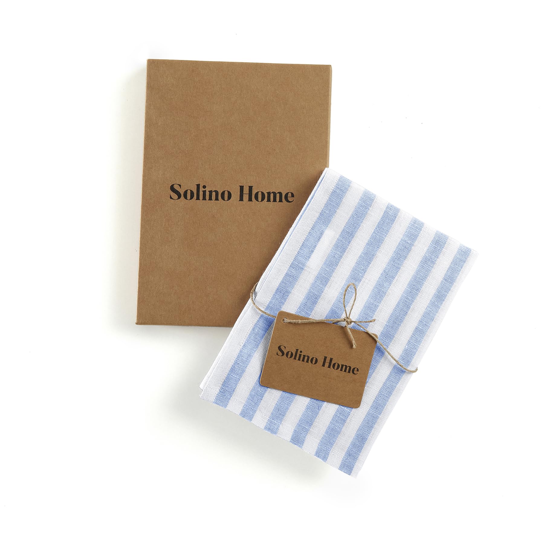 Solino Home Linen Kitchen Towels Set Of 2 - Sky Blue And White 17 X 26 Inch - 100% Pure Linen Amalfi Stripe Kitchen/Tea Towels -