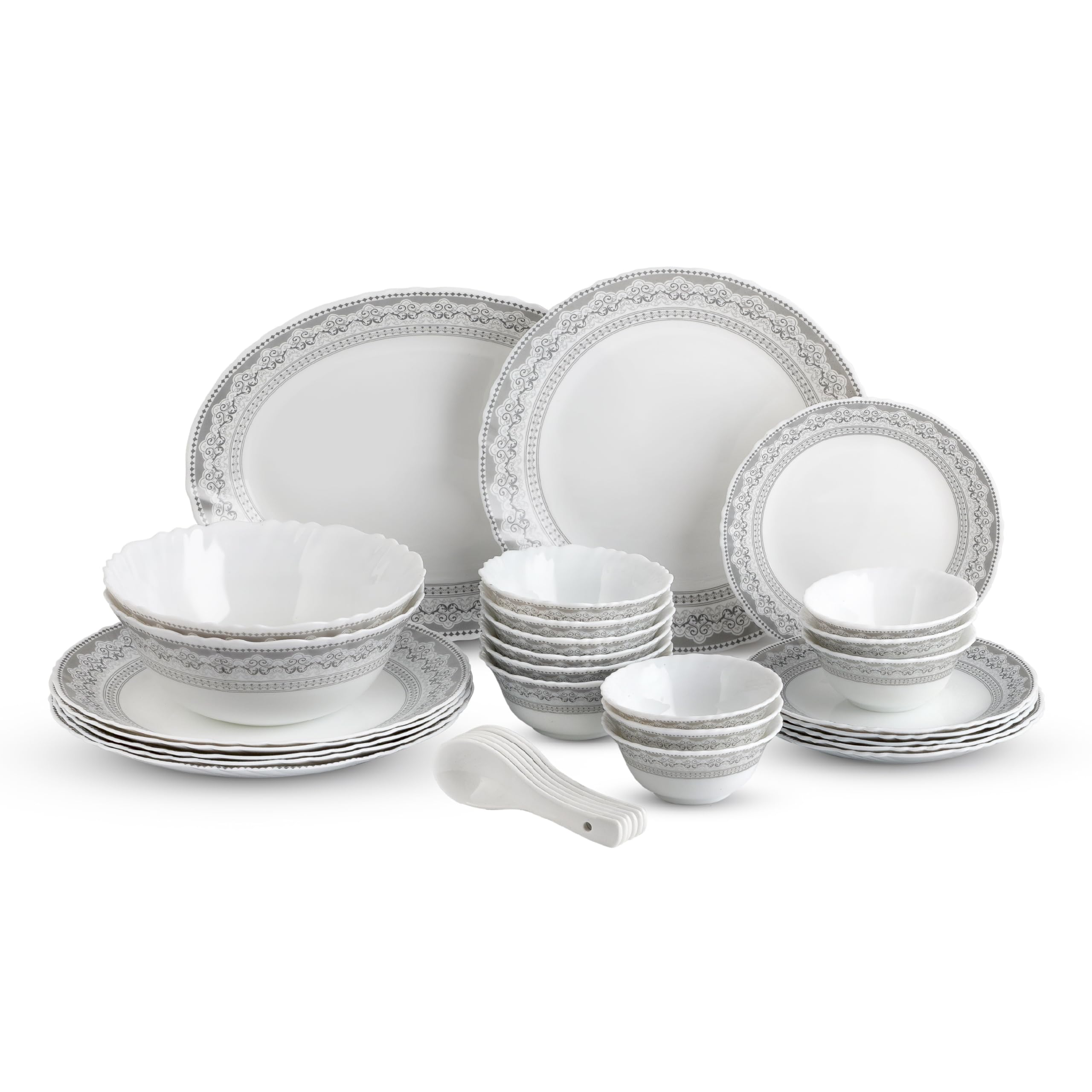 Cello Oxford Imperial Plus Series Opalware Dinner Set Of 33 Piece For Family Of 6 | BoneAsh Free & Leadfree Opal Glass Microwav