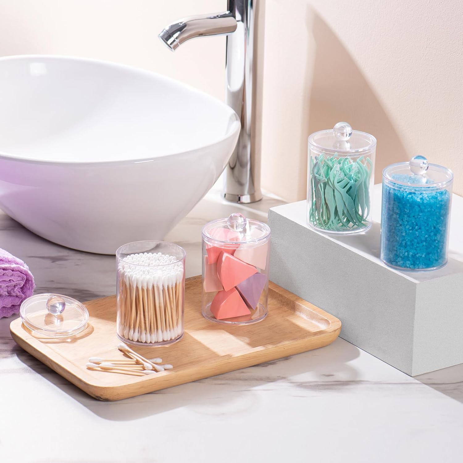 4 Pack Qtip Holder, Apothecary Jars Cotton Ball Holder Dispenser, Bathroom Jars With Lids Set For Cotton Round, Cotton Swab, 10O