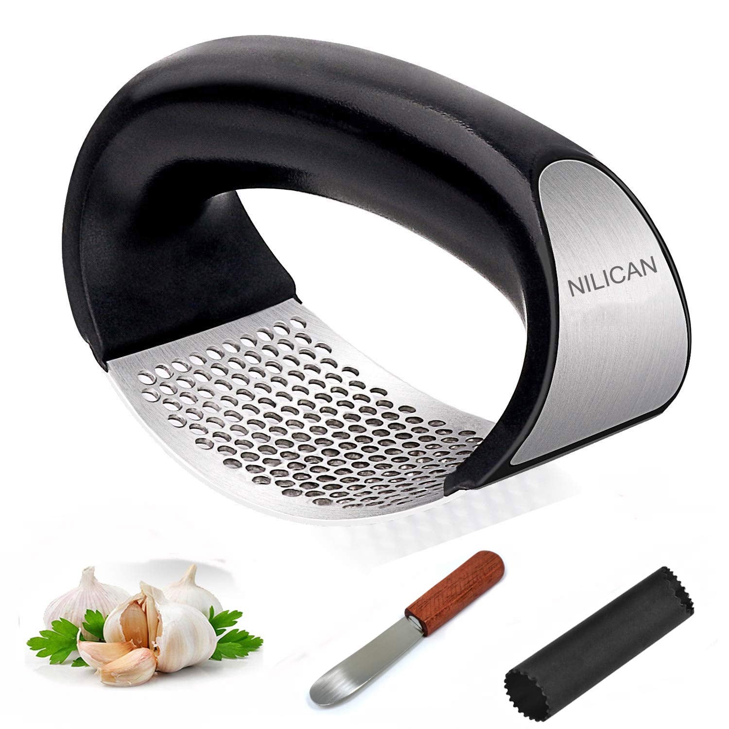 Nilican Garlic Press Kitchen Tool Garlic Peeler Stainless Steel Professional Ginger Crusher Ergonomic Labor-Saving Crusher (S)