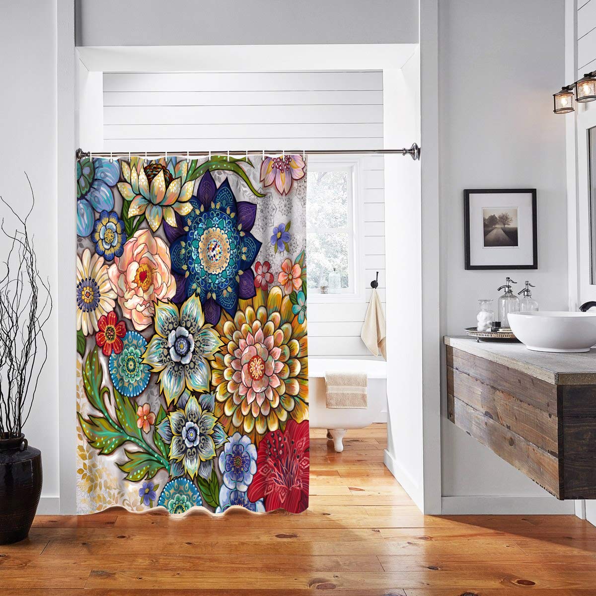 Neasow Boho Floral Shower Curtains For Bathroom, Bright Fabric Blossom Shower Curtain With 12 Hooks, Multi Color 72''  72''