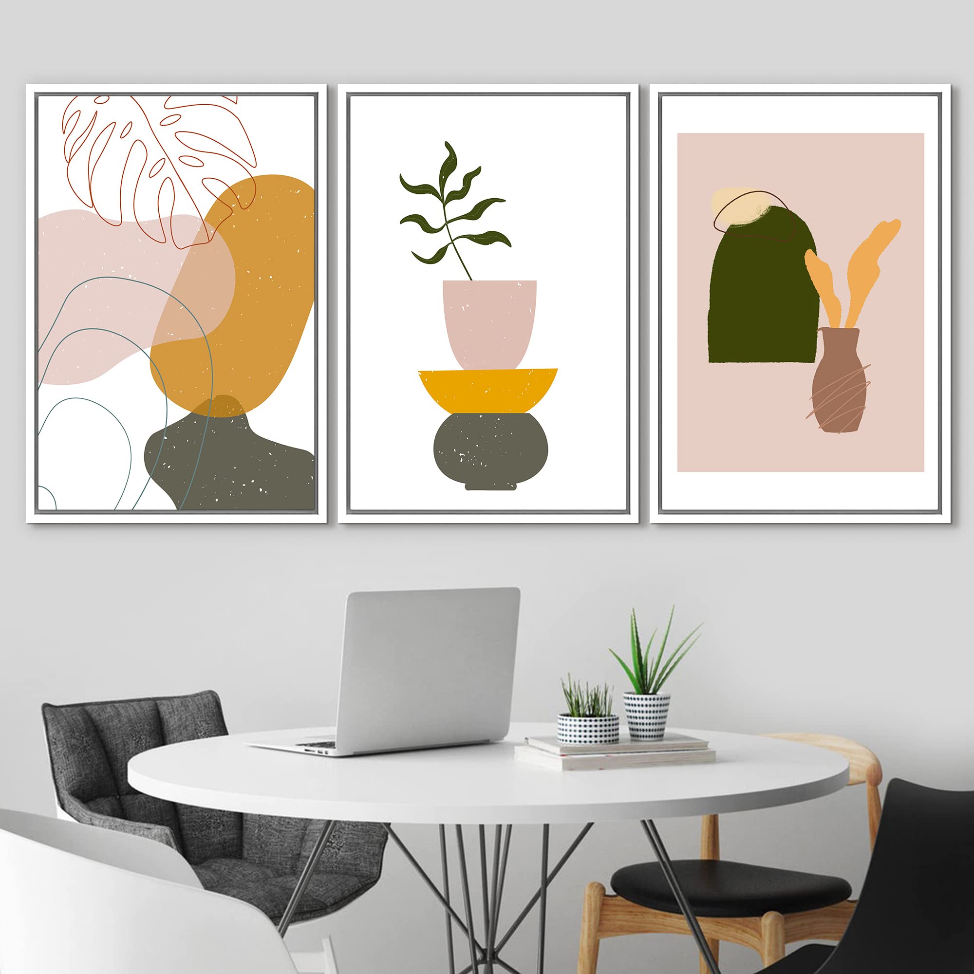 Idea4Wall Framed Wall Art Print Set Monstera Leaf Line Art With Potted Plants Geometric Flower Illustrations Modern Art Rustic C