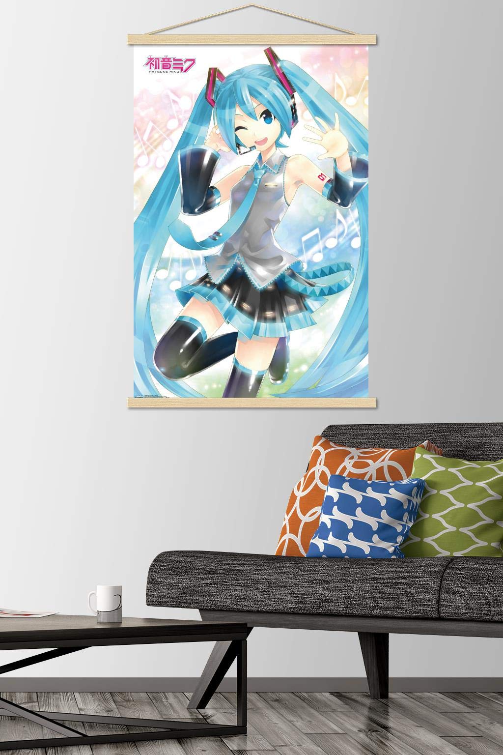 Trends International Hatsune Miku - Waving Wall Poster, 22.375'' X 34'', Print And Beechwood Hanger Bundle