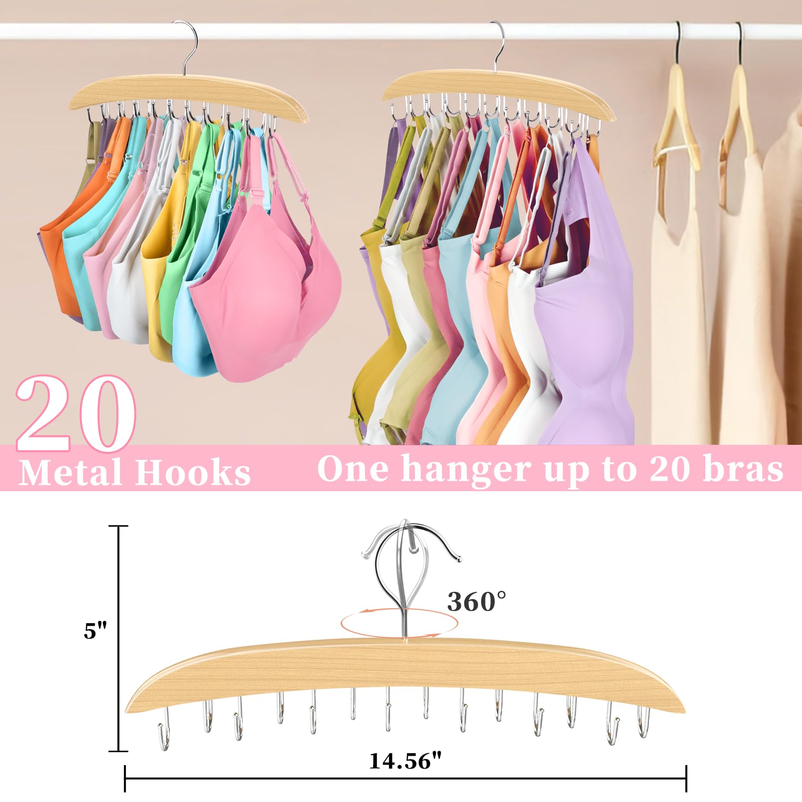 Bra Organizer For Closet, 360 Rotating Bra Hanger Space Saving W/20 Foldable Metal Hooks, Tank Top Hanger Closet Organizers And