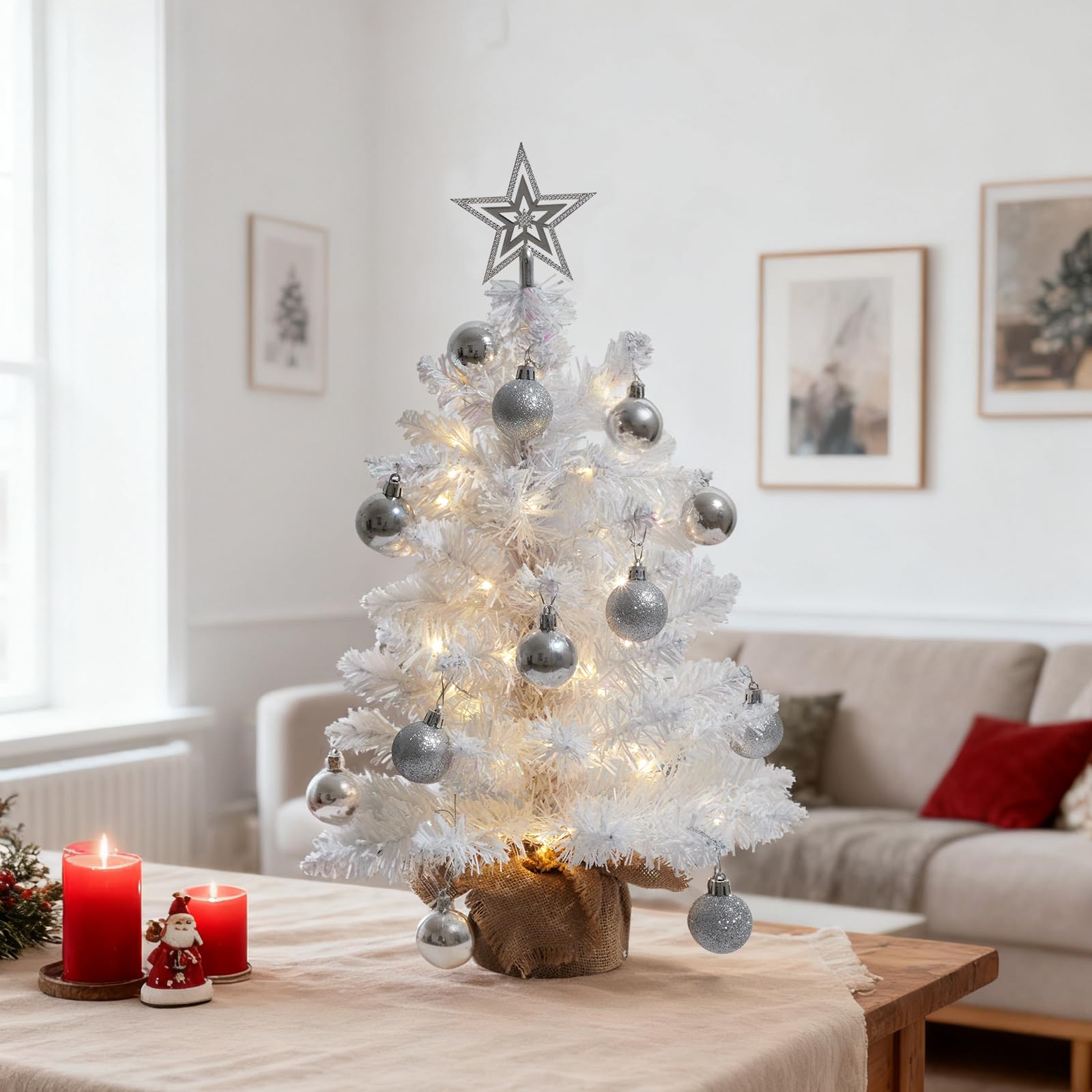 Tyynsst 20in Prelit Christmas Tree w/Warm White Lights, Small Flocked Artificial Christmas Tree, 50 Branch Tips, Ball & Star Orn