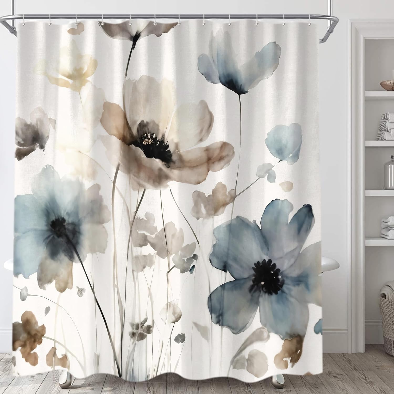Sanzugh Boho Floral Extra Long Shower Curtain, Cream Tan Beige Blue Grey White Watercolor Flower Fabric Shower Curtains Set For