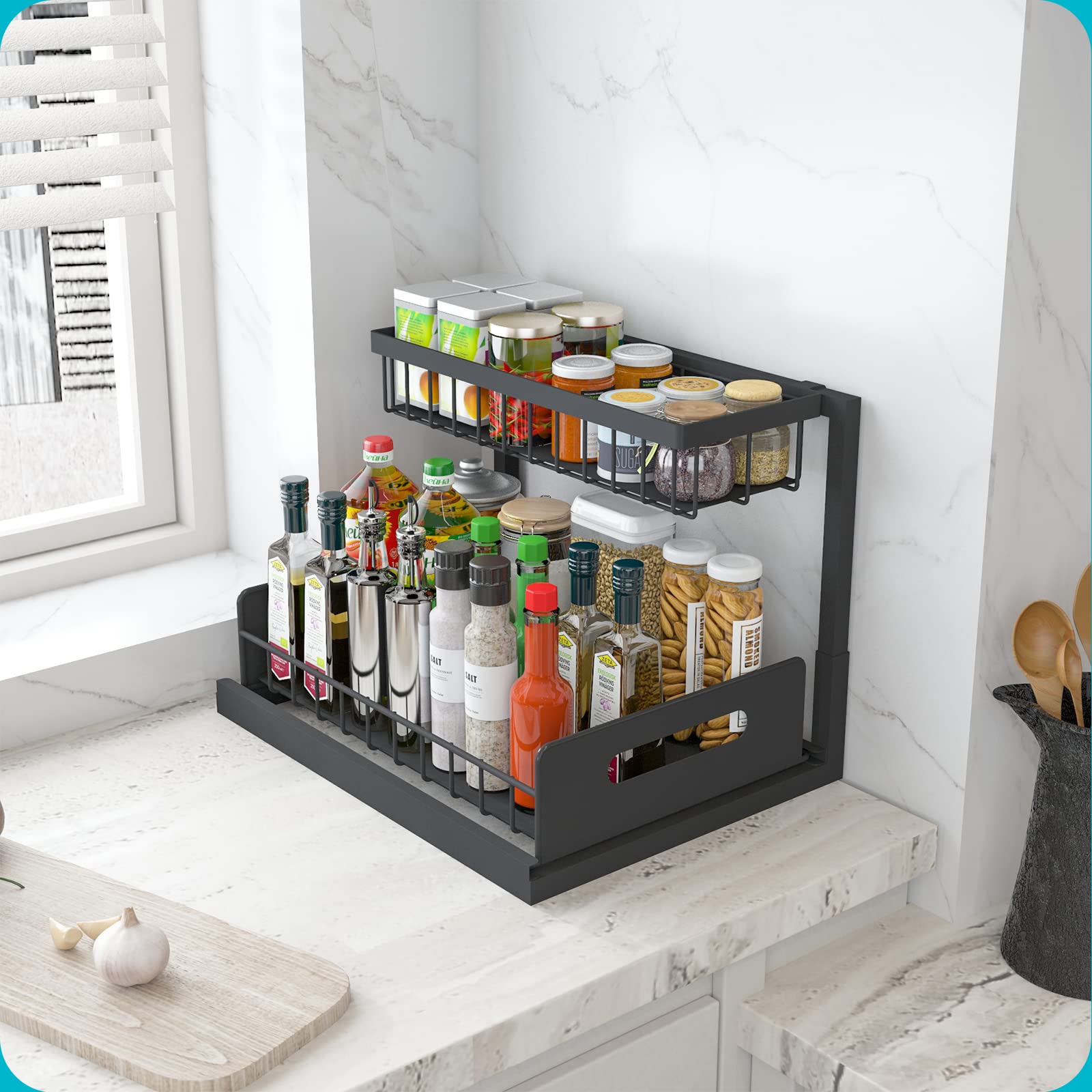 Realinn Under Sink Organizer, Pull Out Cabinet Organizer 2 Tier Slide Out Sink Shelf Cabinet Storage Shelves, Under Sink Storage