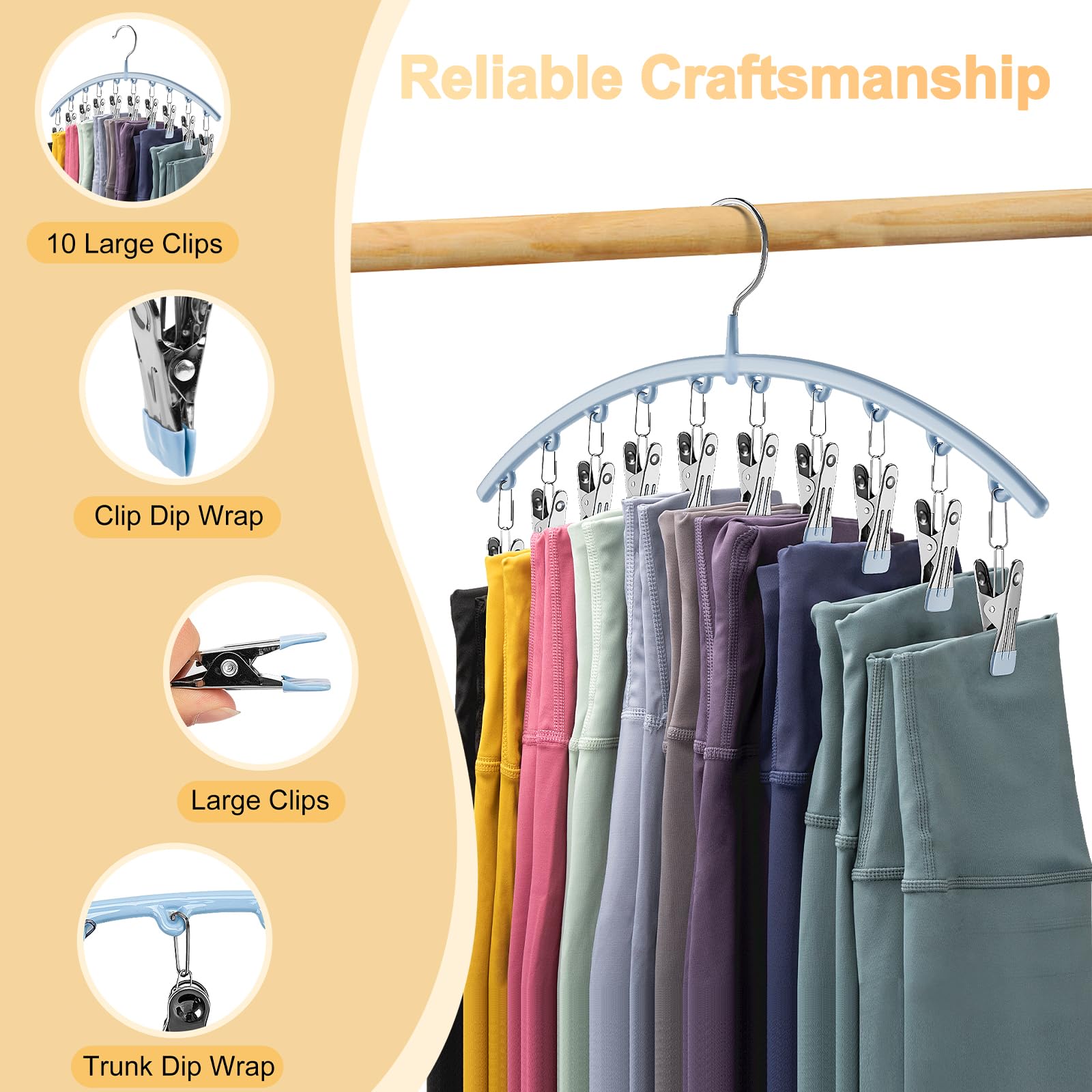 Volnamal Legging Organizer for Closet  Metal Yoga Pants Hanger w/Rubber Coated 4 Pack w/10 Clips Hold 40 Leggings  Hangers Space Saving Hanging Closet Organizer for Closet Organizers and Storage  Blue