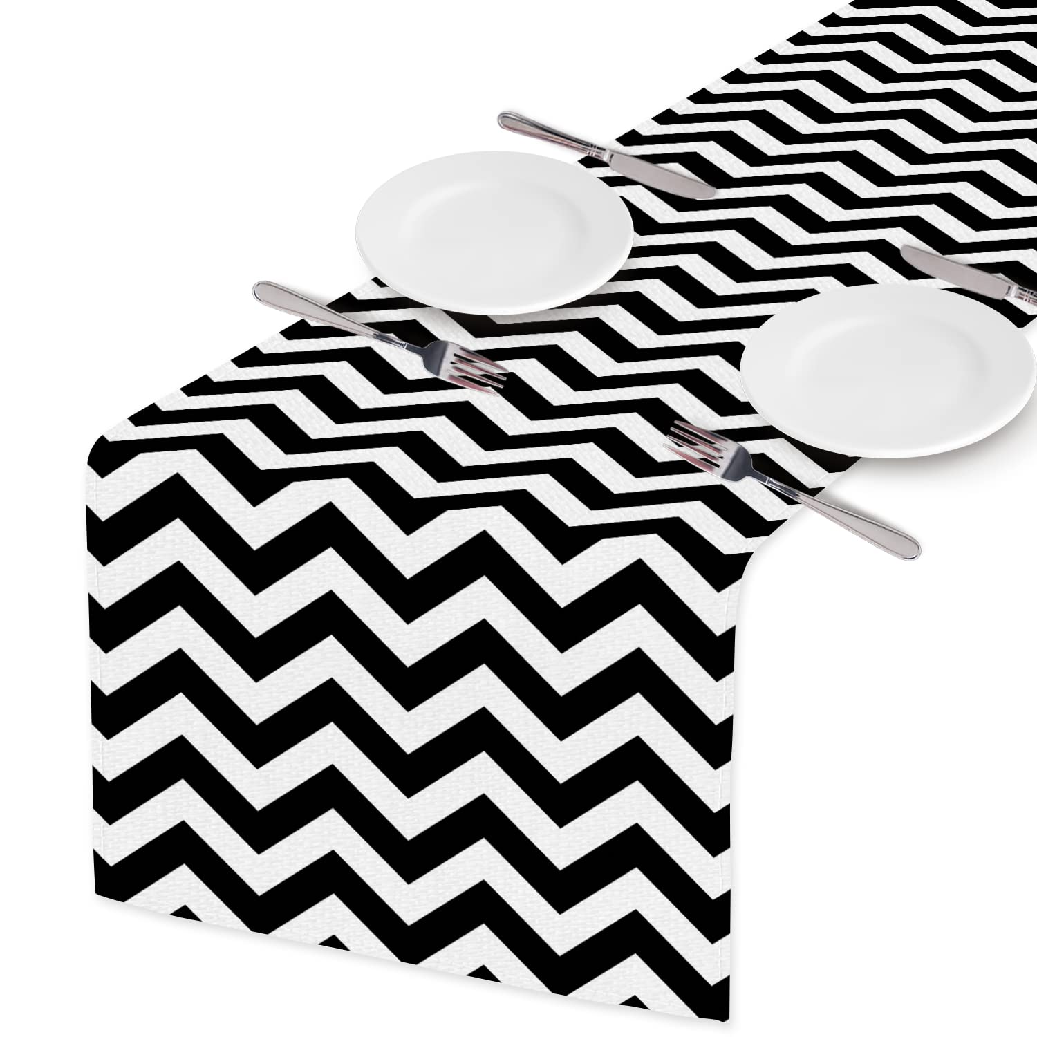 Hosnye Table Runner Black Chevron Zigzag,Cotton Linen Table Runner Decoration For Kitchen Family Dinner Table Holiday Party Farm