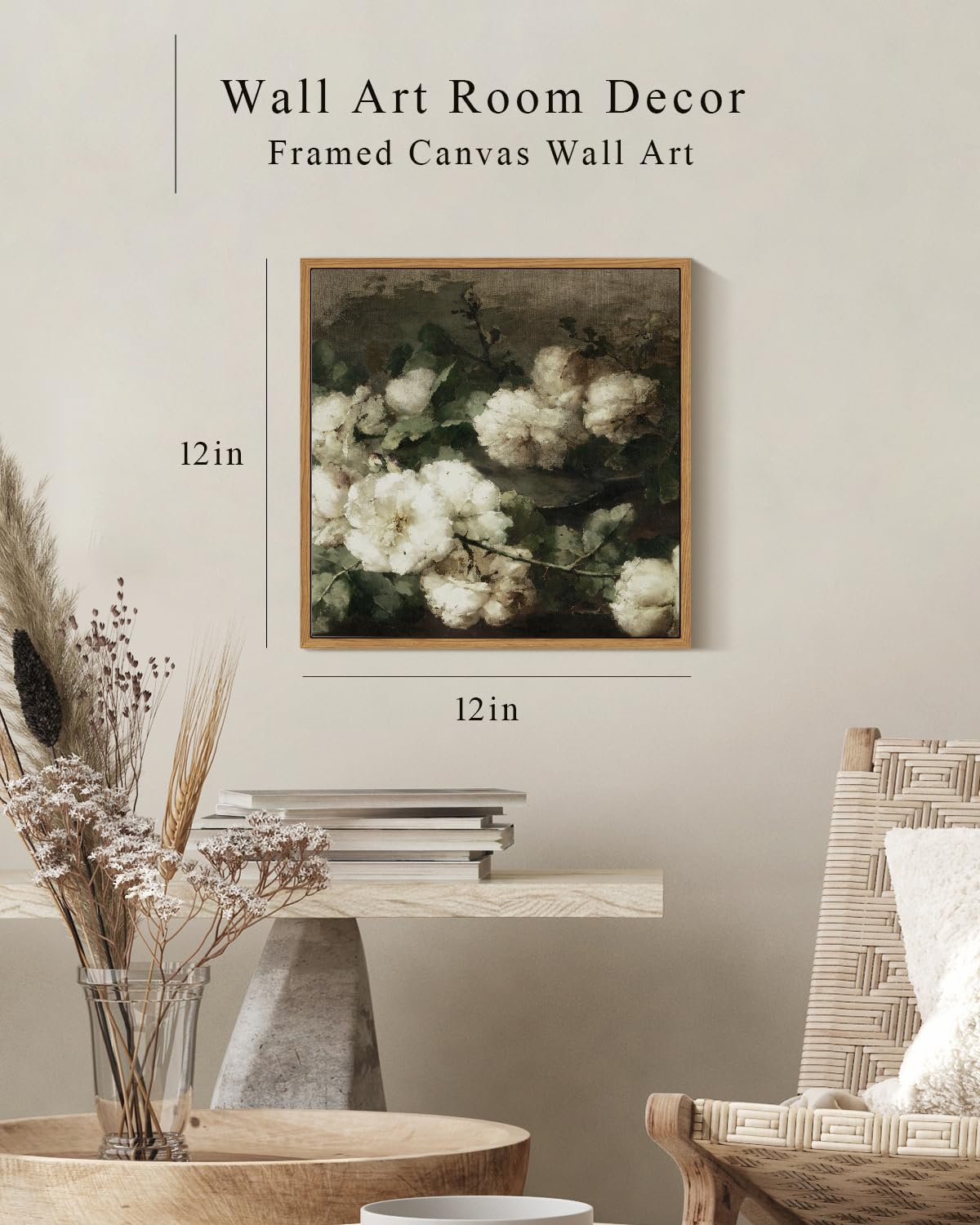 Insimsea Square Framed Canvas Wall Art, Vintage Floral Rustic Roses Flower Wall Art For Living Room, Flowers Wall Art Prints, Fl