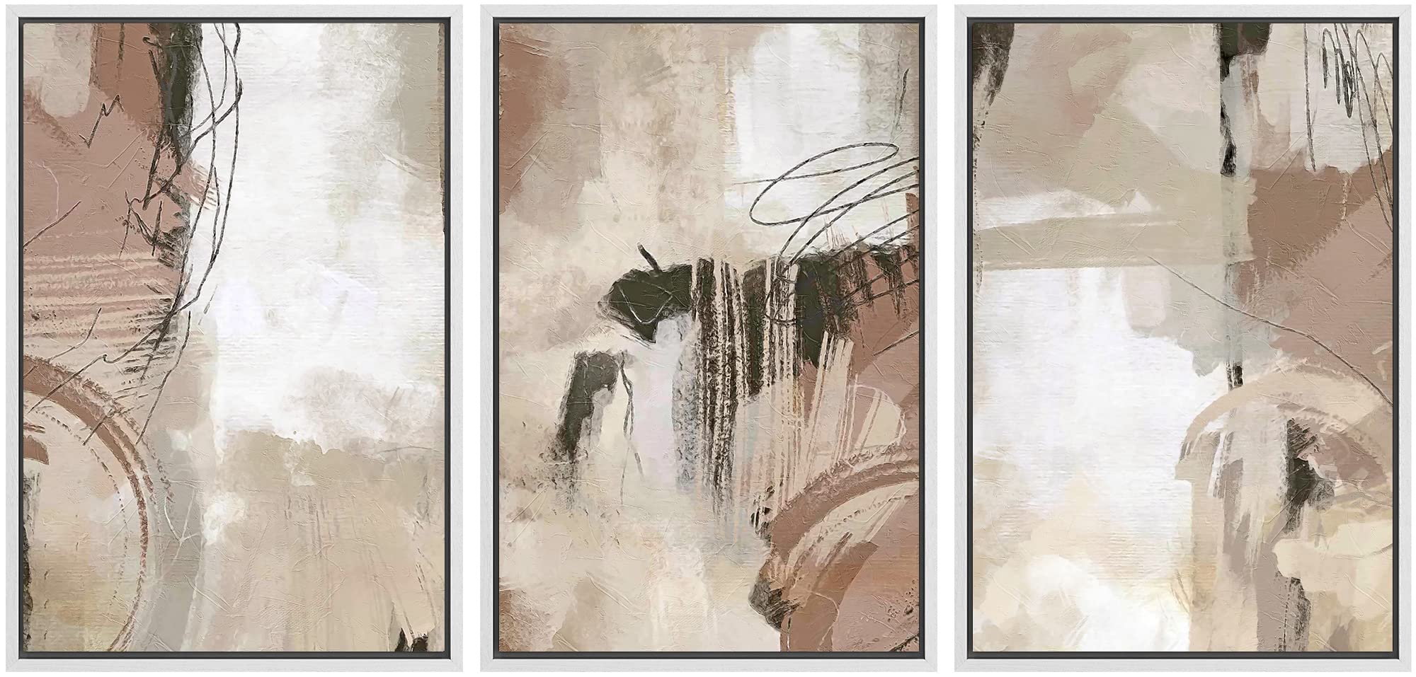 Signwin Framed Canvas Print Wall Art Set Brown Pastel Watercolor Paint Strokes Shapes Abstract Illustrations Modern Art Decorati