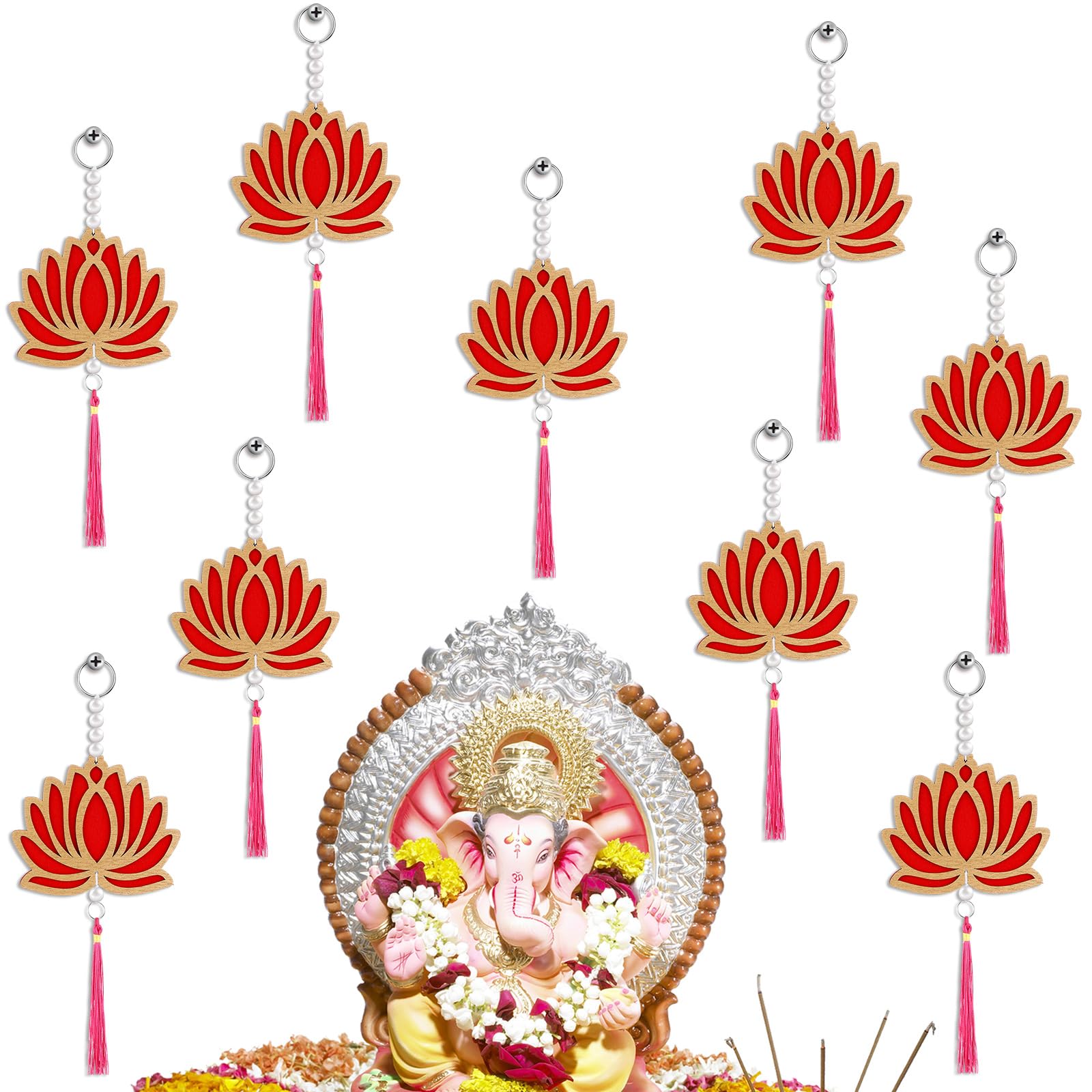 Wonderjune 10 Pcs Lotus Decorations for Pooja Diwali Floral Wall Hanging Garlands for Temple Decor Indian Pooja Wood Decoration 