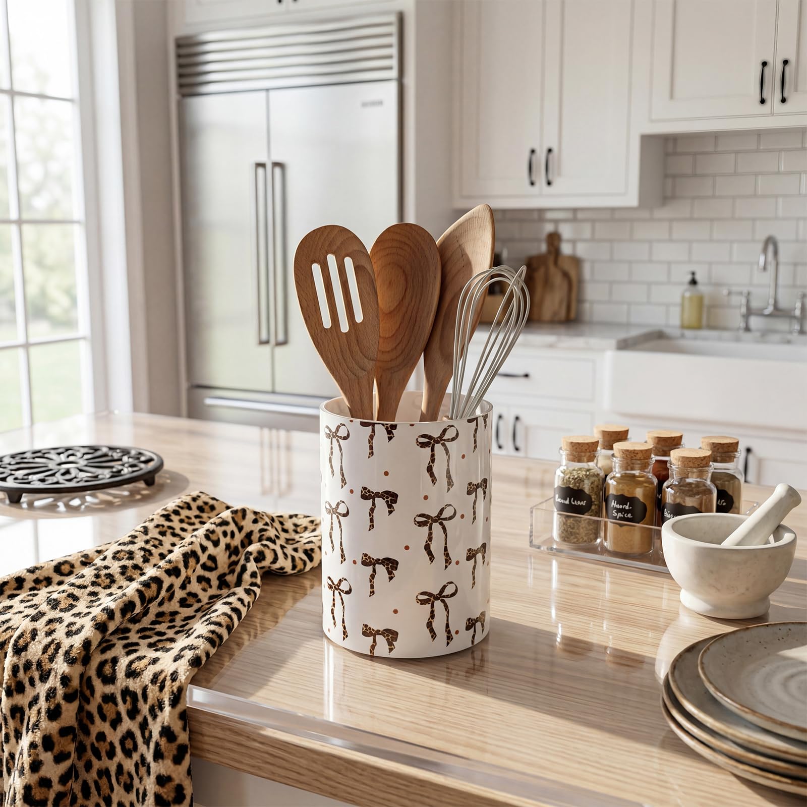 WILLBOND Leopard Bow Utensil Holder Acrylic Kitchen Countertop Organizer